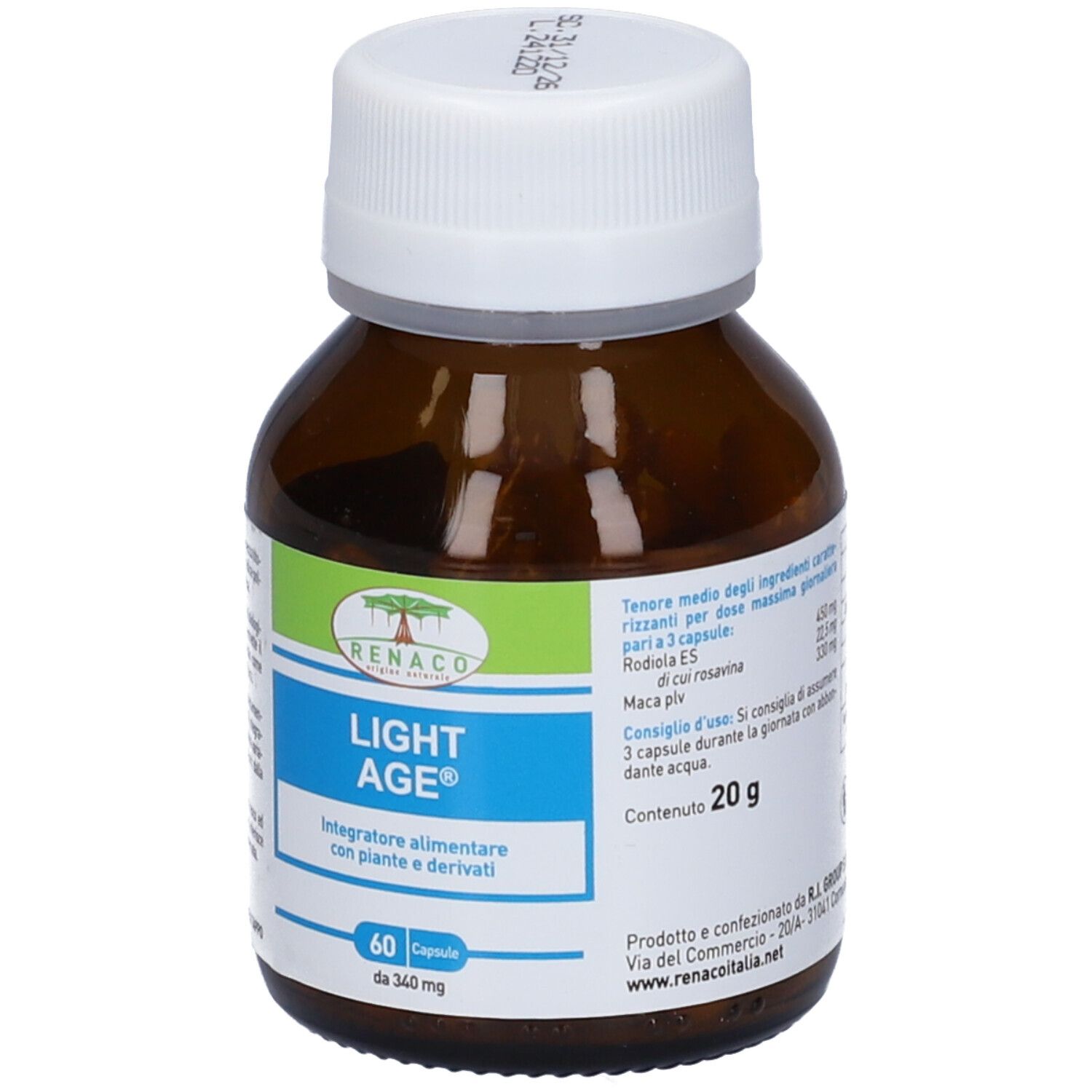 Flacone di vetro marrone con tappo bianco. L'etichetta riporta "LIGHT AGE" e "60 Capsule".