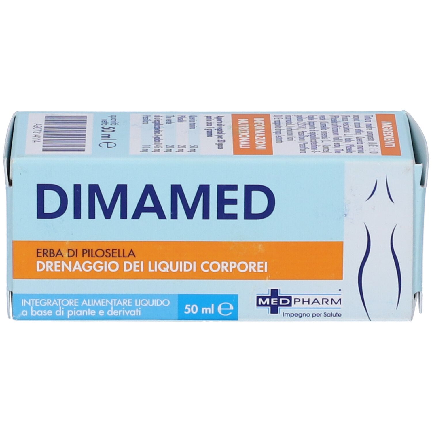 Scatola DIMAMED, testo blu e arancione. Contiene 50 ml. Silhouette femminile.