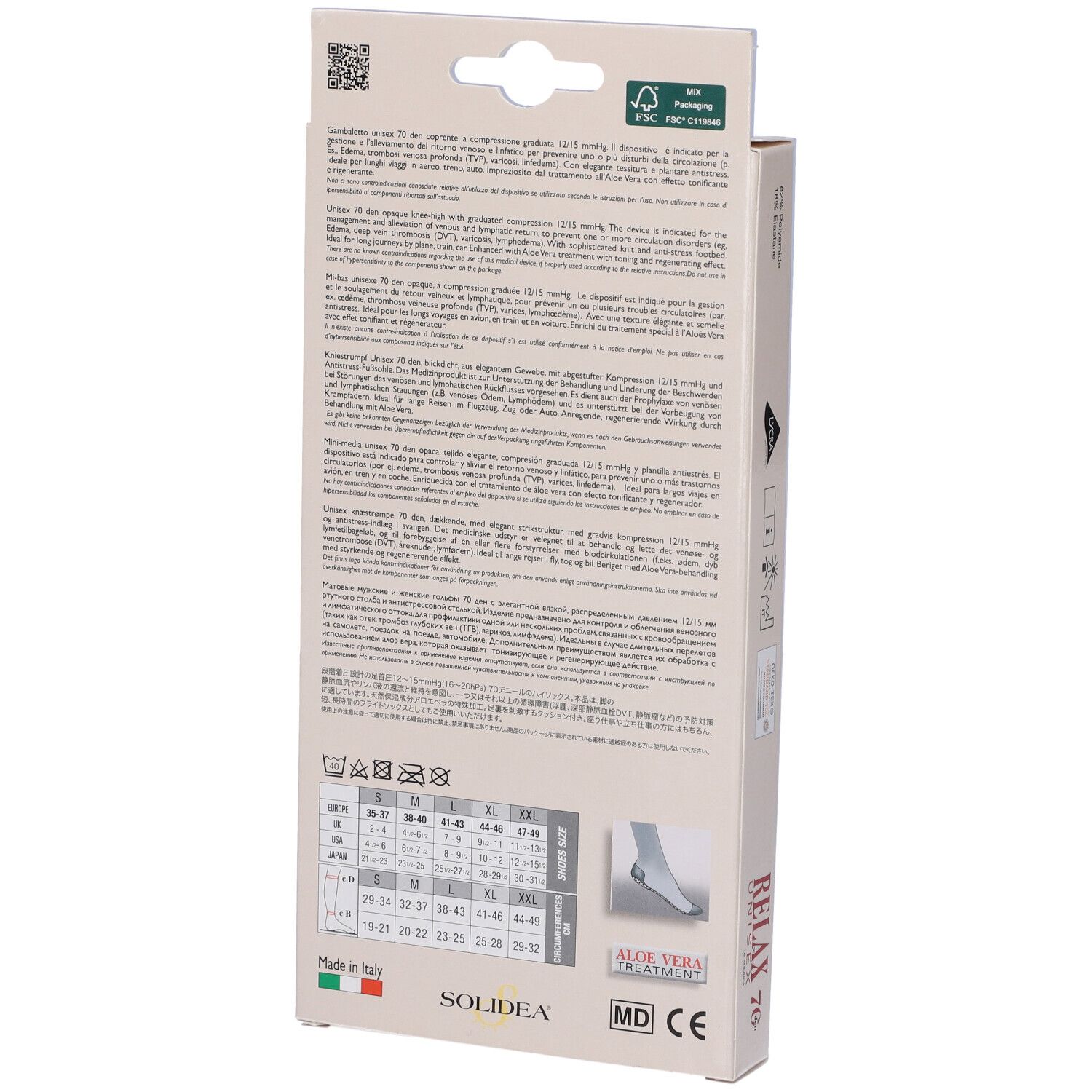 Retro della confezione di Relax Unisex 70 Gambaletto Camel 4. Marchio Solidea. Informazioni e tabella taglie.