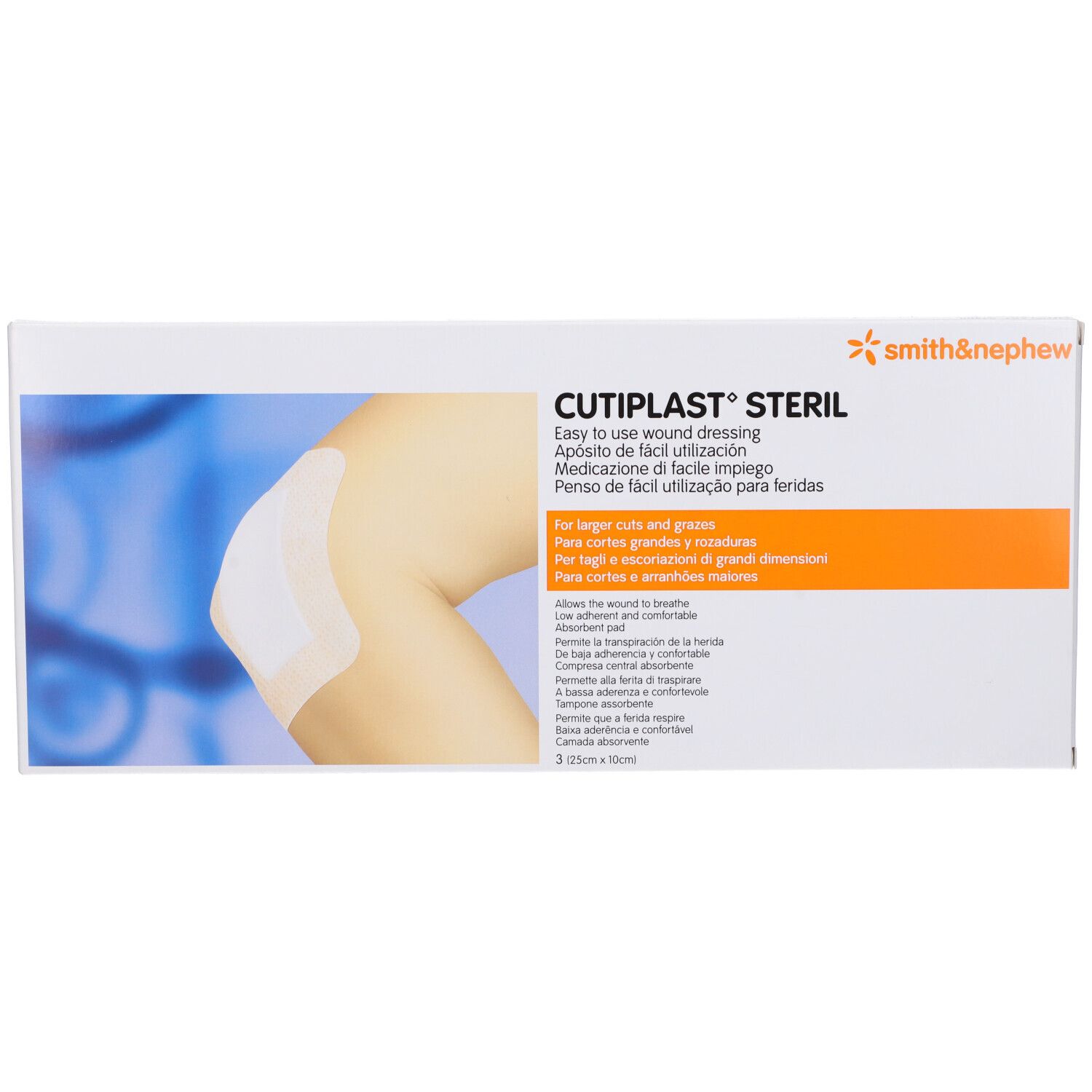 Cutiplast steril, medicazione. Confezione con immagine del prodotto. Testo: Smith & Nephew.