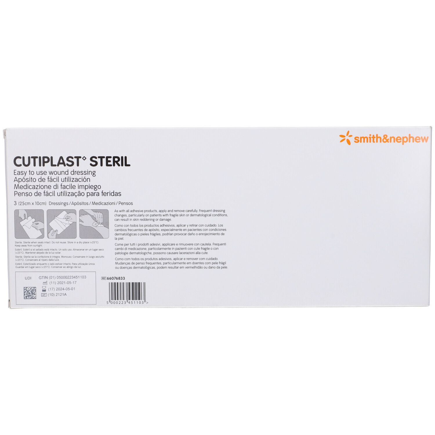 Retro della confezione Cutiplast steril. Testo: Smith & Nephew. Informazioni sul prodotto e codice a barre.