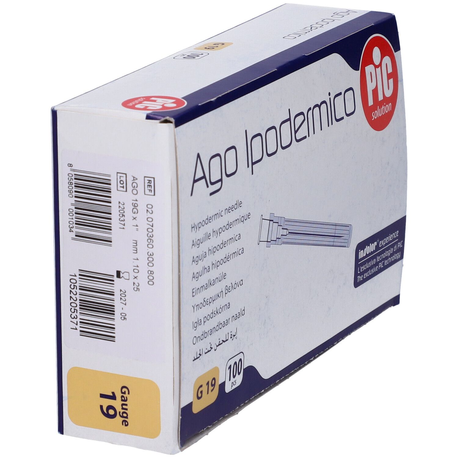 Confezione angolata di Ago Ipodermico PIC. Contiene 100 aghi.