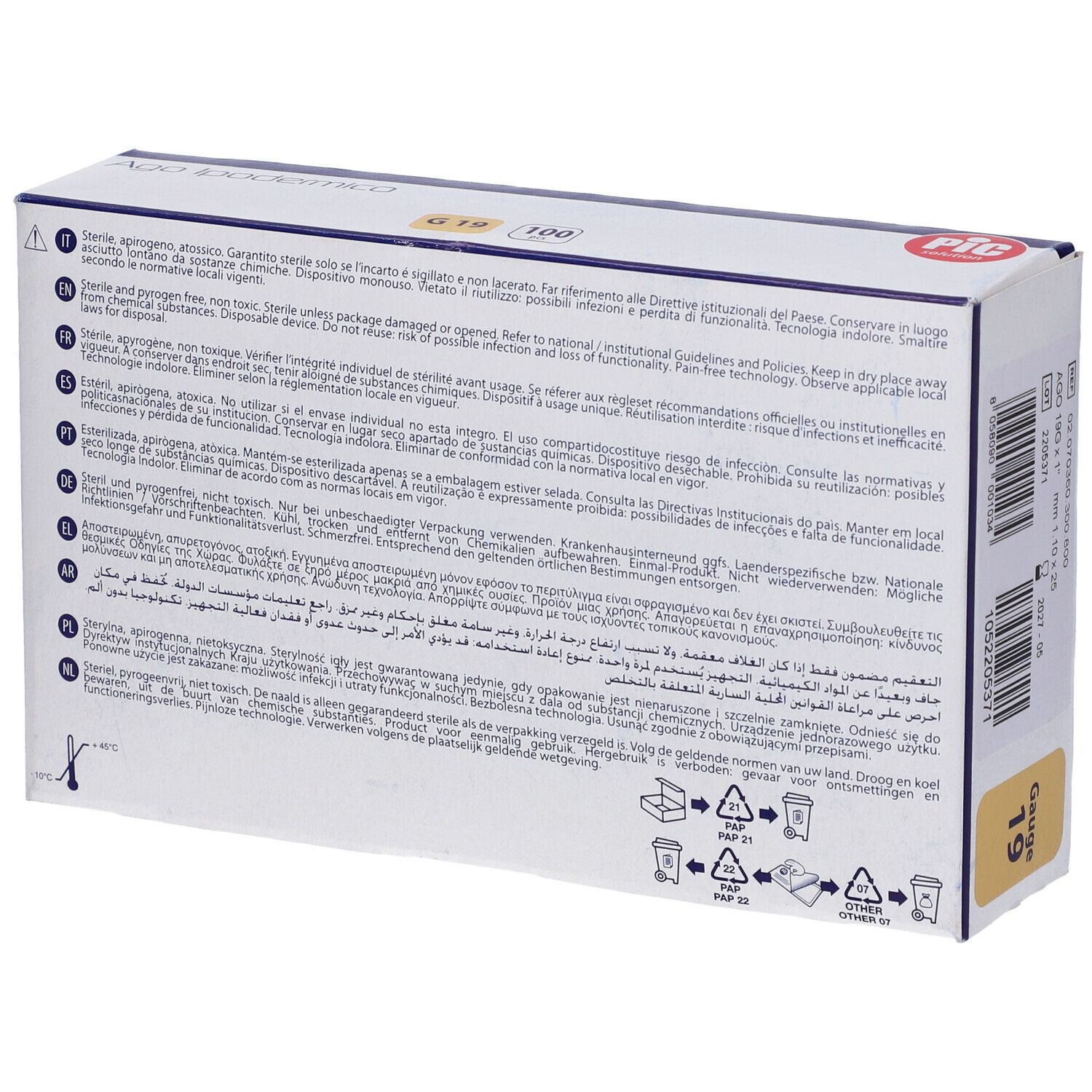 Retro della confezione di Ago Ipodermico PIC. Testo multilingue.