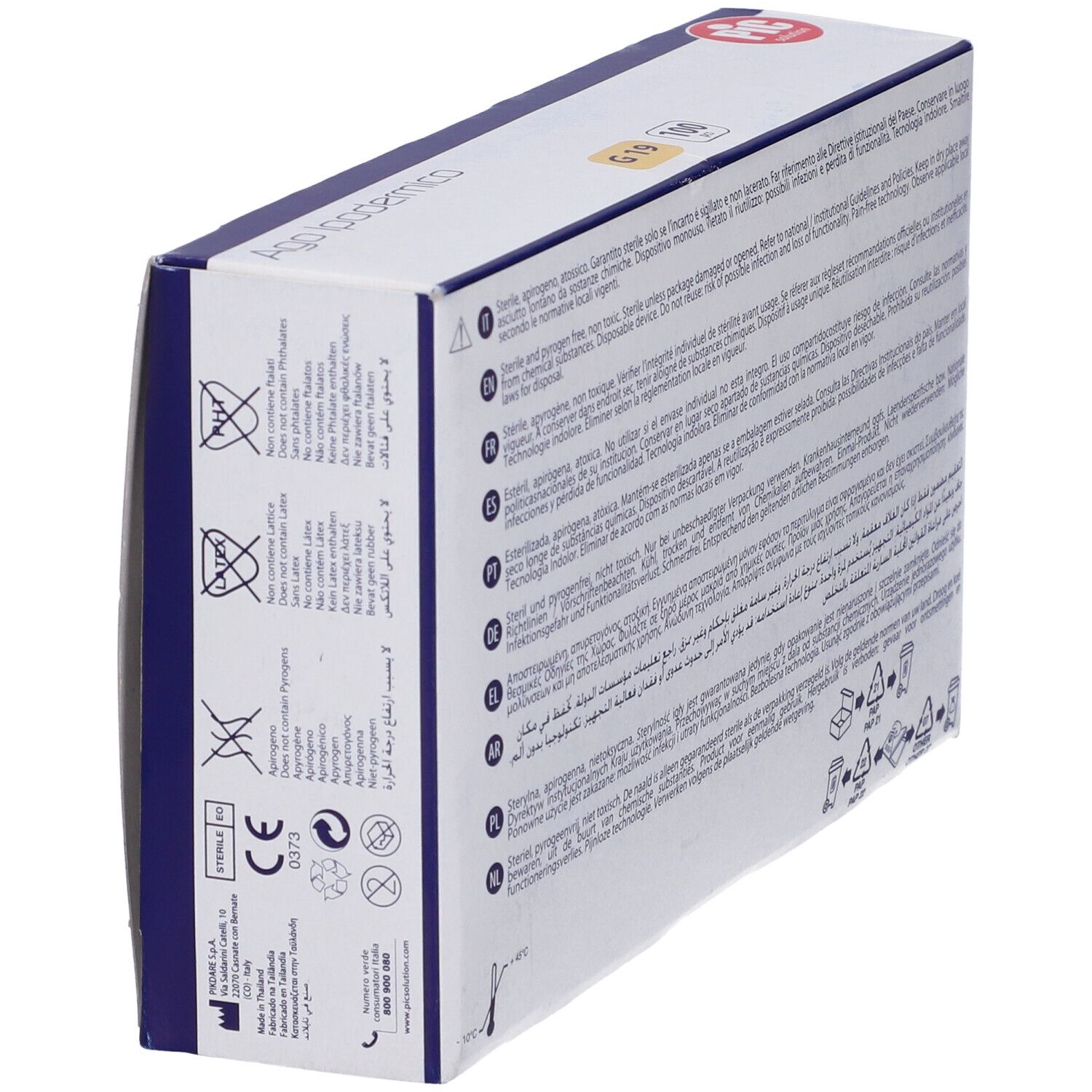 Retro angolato della confezione di Ago Ipodermico PIC. Testo multilingue.