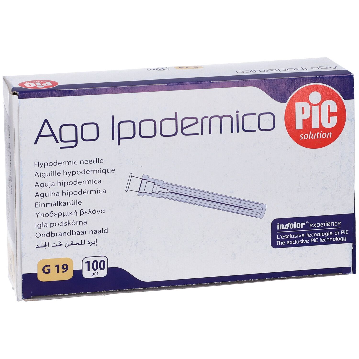 Confezione di Ago Ipodermico PIC. Contiene 100 aghi. Logo PIC.