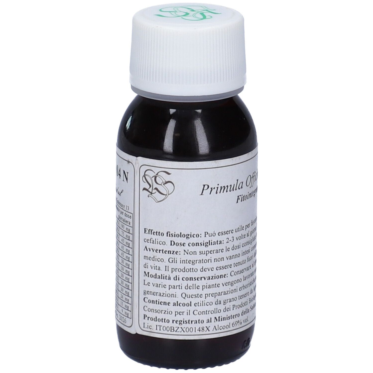 Flacone di vetro marrone con tappo bianco. Etichetta con testo e logo. Nome prodotto: Primula Officinalis Compositum.