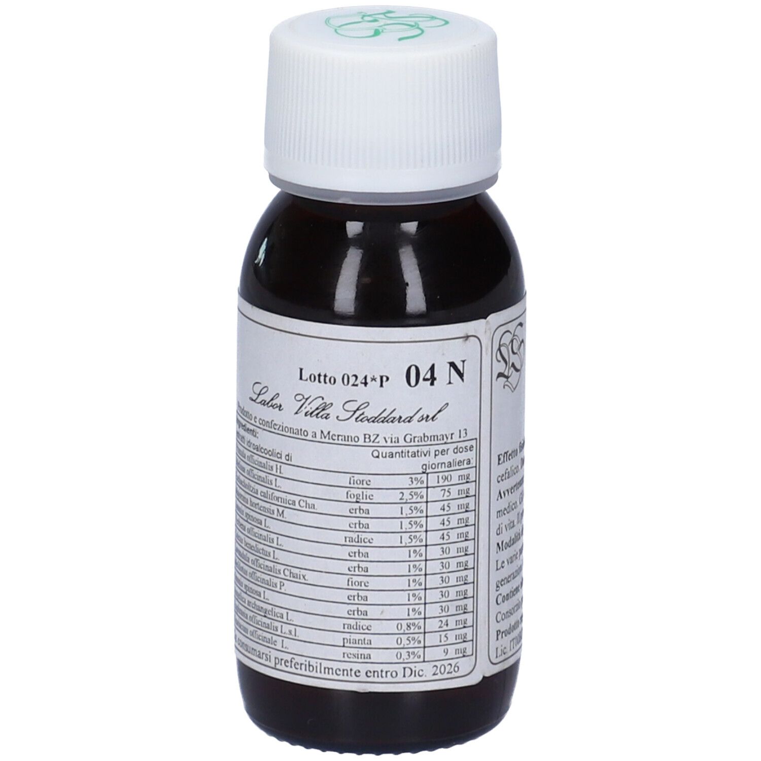 Flacone di vetro marrone con tappo bianco. Etichetta con ingredienti e dosaggio. Nome prodotto: Lvs 04N.