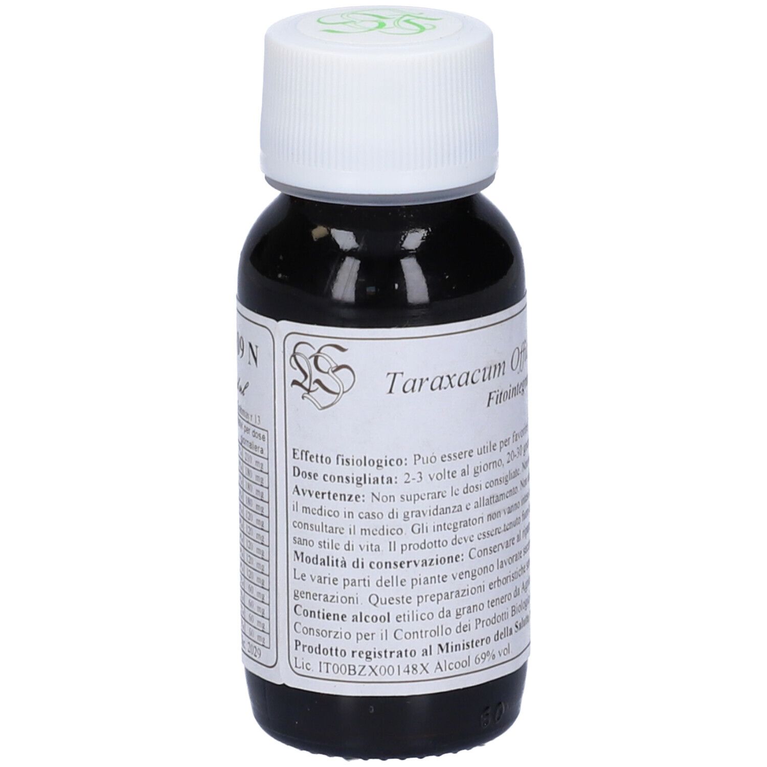 Flacone di vetro con liquido marrone, tappo bianco. Scritta: Taraxacum Officinalis.