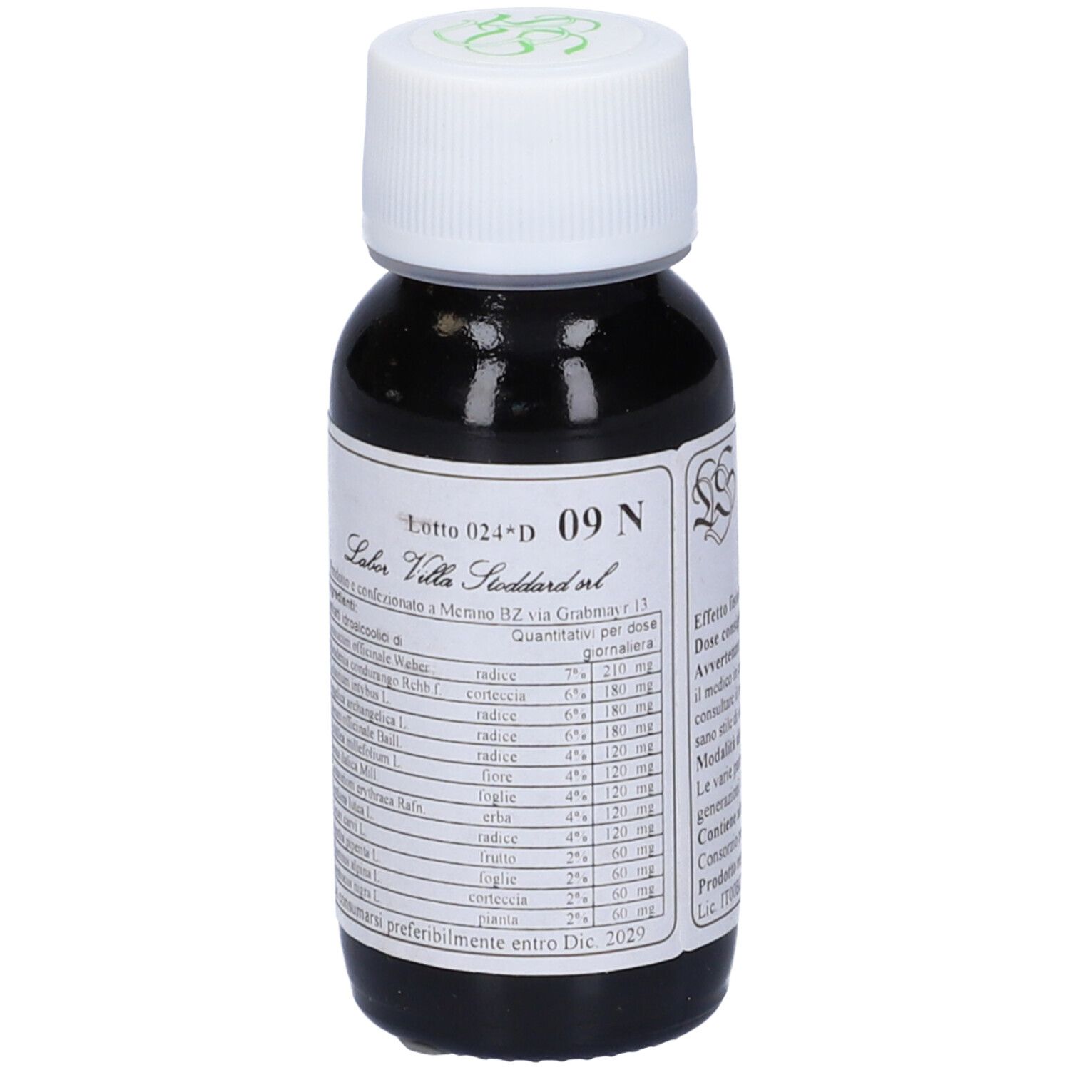 Flacone di vetro con liquido marrone, tappo bianco. Scritta: 09 N. Elenco ingredienti.