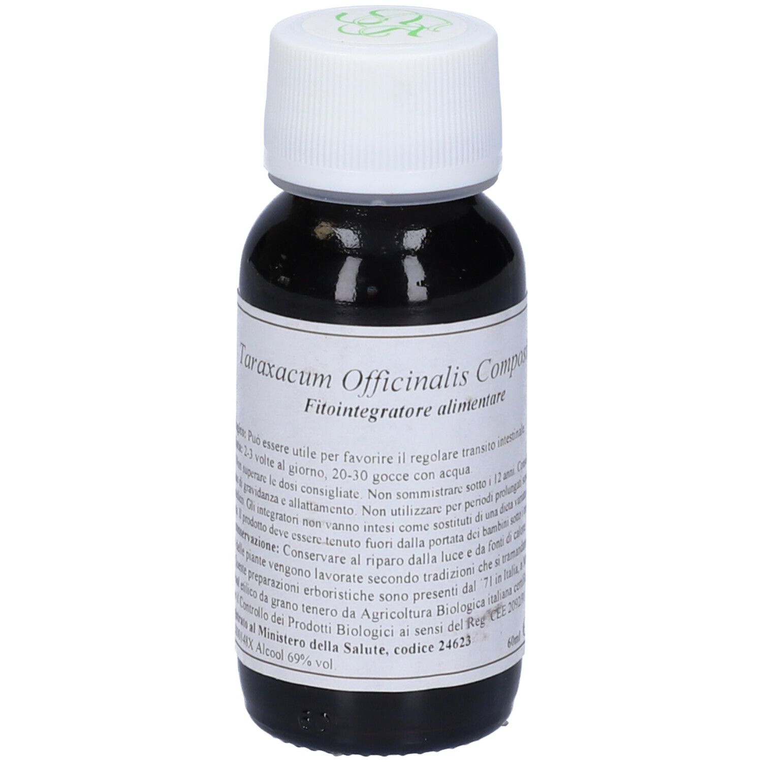 Flacone di vetro con liquido marrone, tappo bianco. Scritta: Taraxacum Officinalis Compositum.