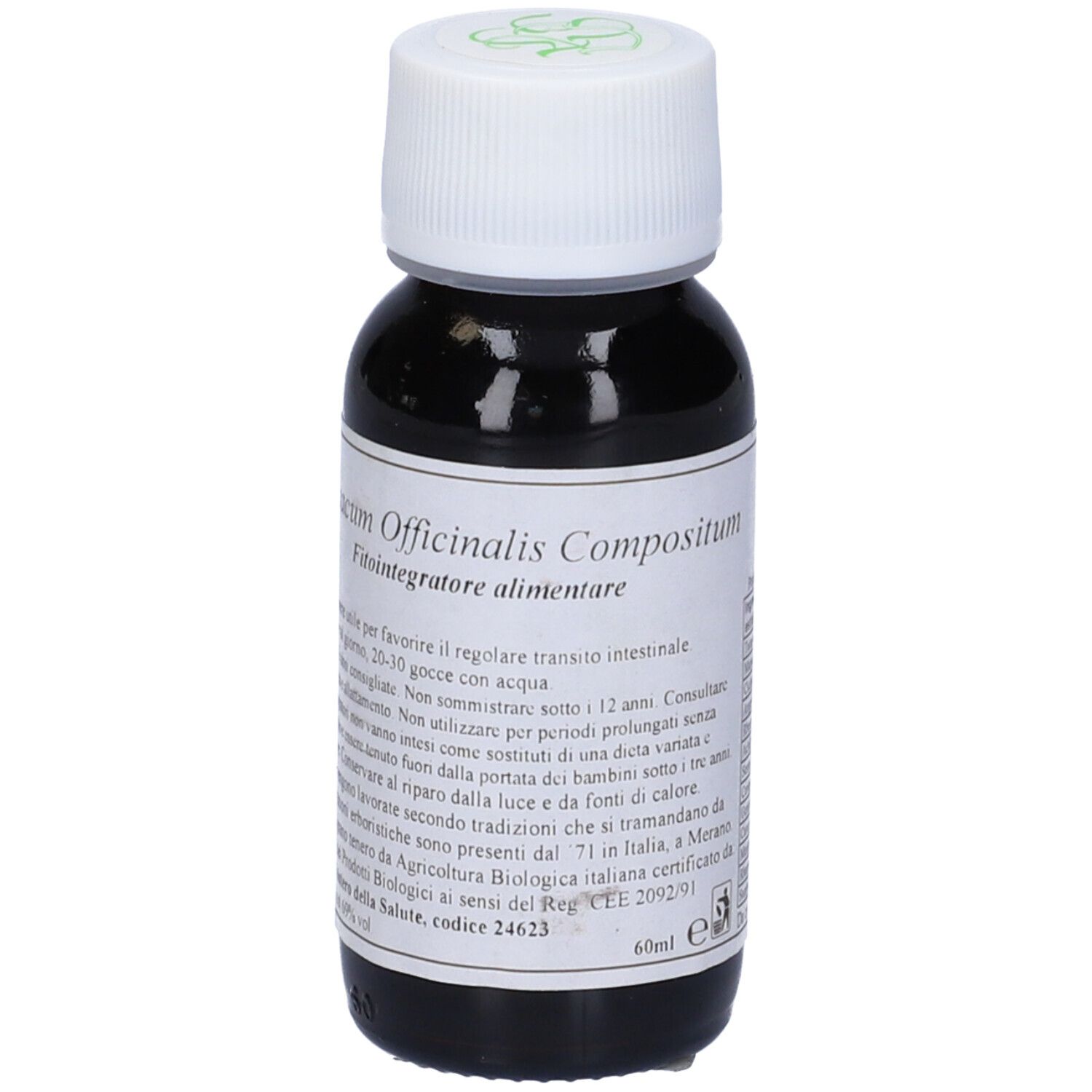 Flacone di vetro con liquido marrone, tappo bianco. Scritta: Taraxacum Officinalis Compositum.