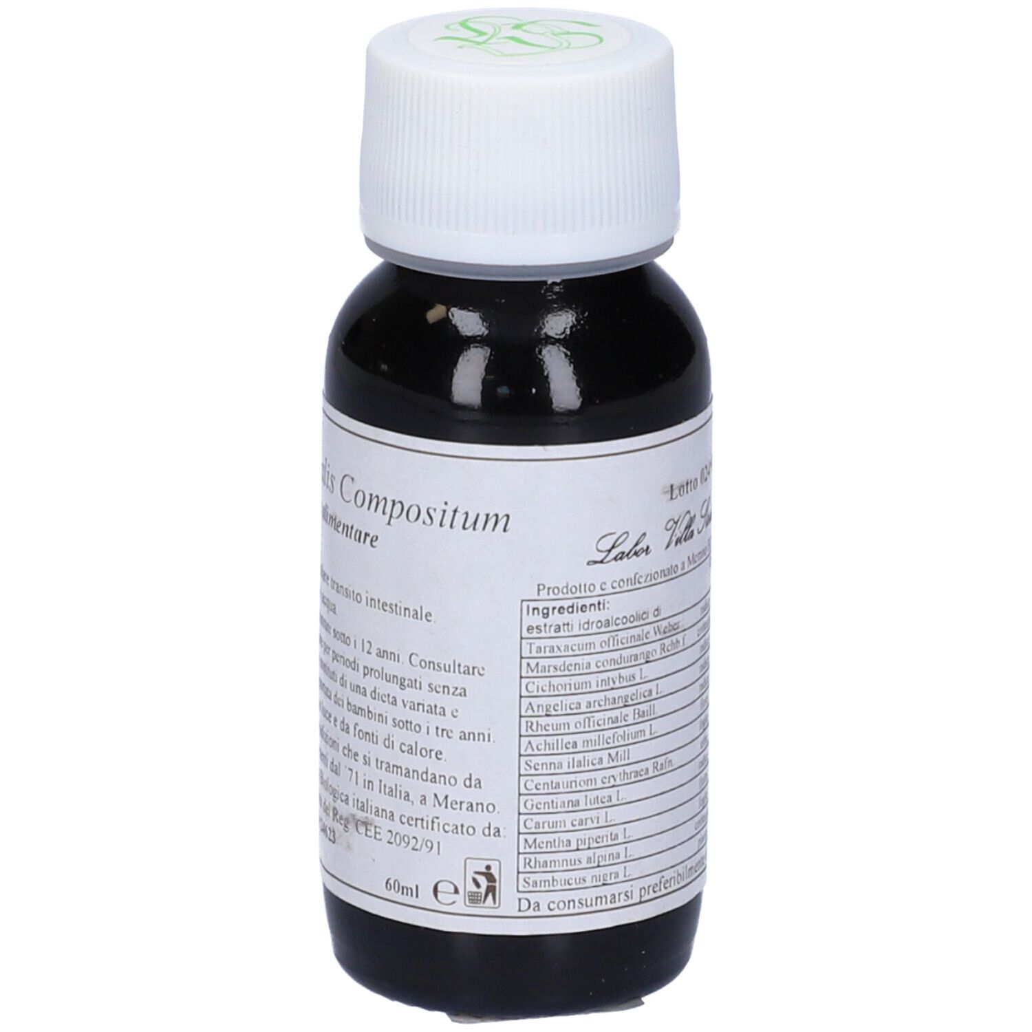 Flacone di vetro con liquido marrone, tappo bianco. Scritta: Taraxacum Officinalis Compositum. Elenco ingredienti.