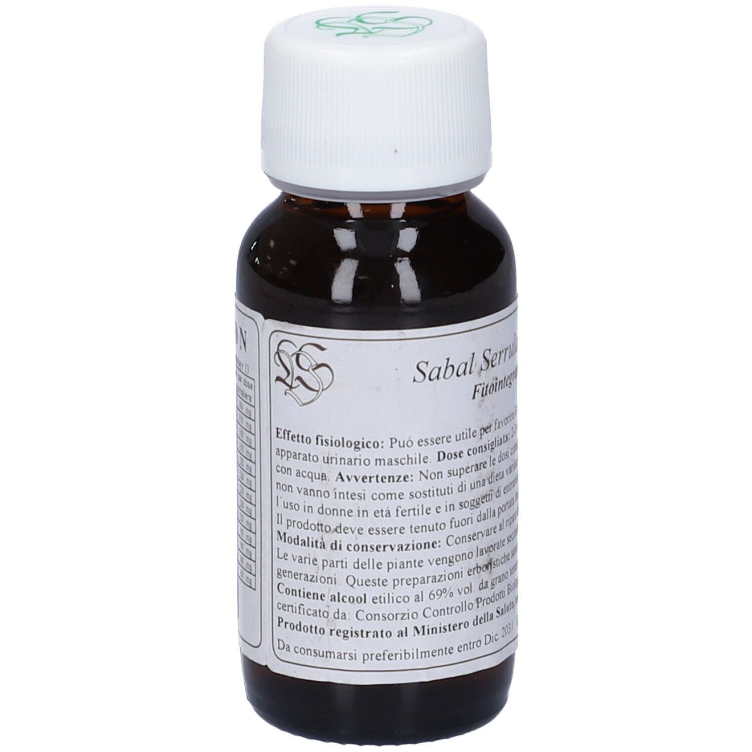 Flacone di vetro marrone con tappo bianco. Etichetta con testo: Sabal Serrulata Compositum, Fitointegratore alimentare. Logo.