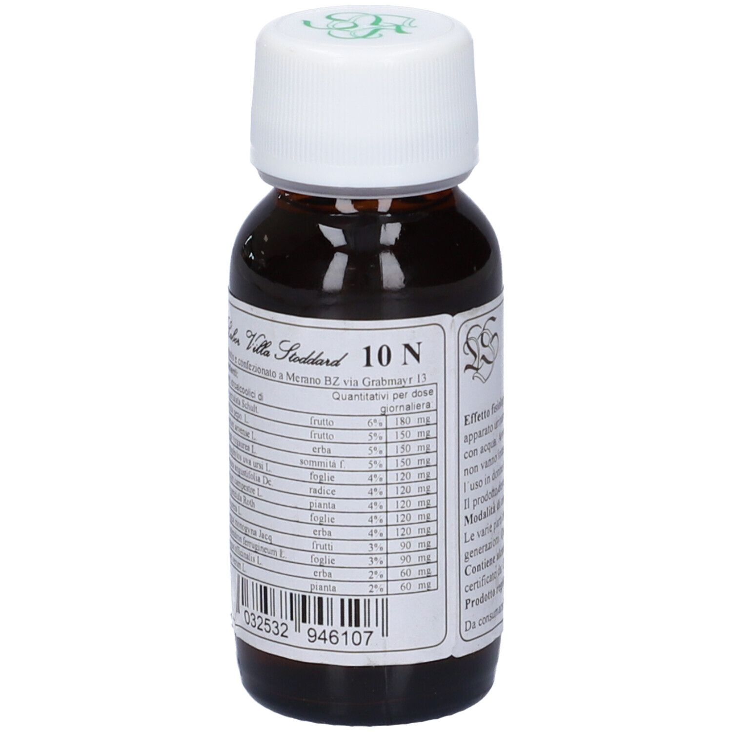 Flacone di vetro marrone con tappo bianco. Etichetta con testo: 10 N, ingredienti. Codice a barre. Logo.
