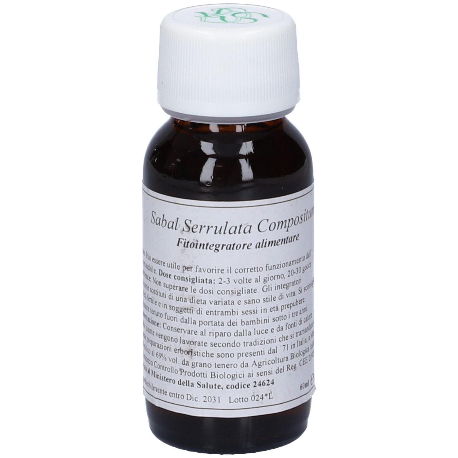 Flacone di vetro marrone con tappo bianco. Scritta: Sabal Serrulata Compositum, Fitointegratore alimentare. 60ml.