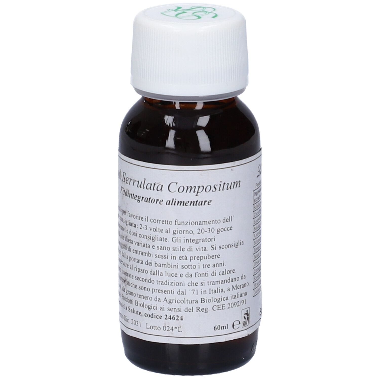 Flacone di vetro marrone con tappo bianco. Scritta: Sabal Serrulata Compositum, Fitointegratore alimentare. 60ml.