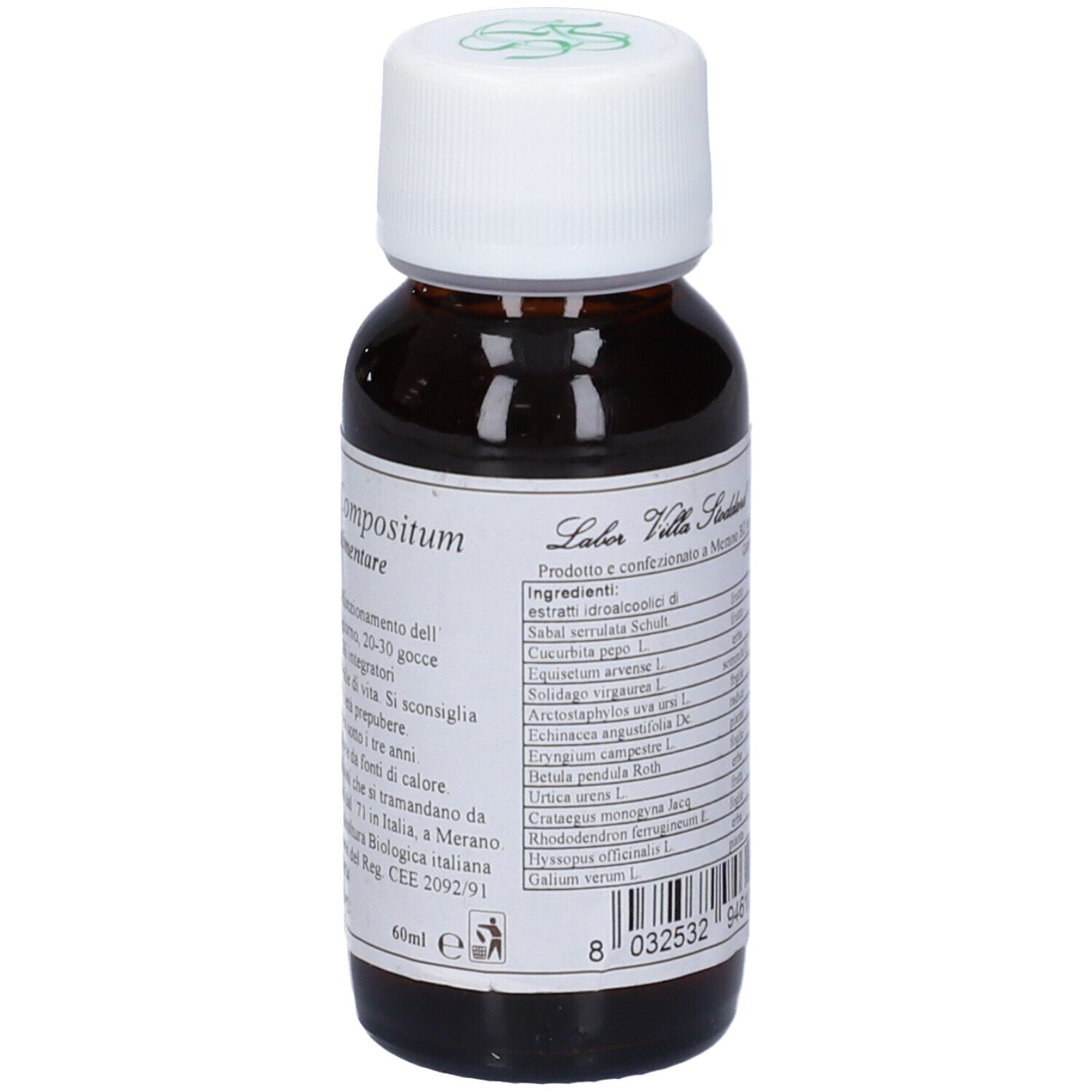 Flacone di vetro marrone con tappo bianco. Etichetta con testo: Ingredienti. Codice a barre. Logo.