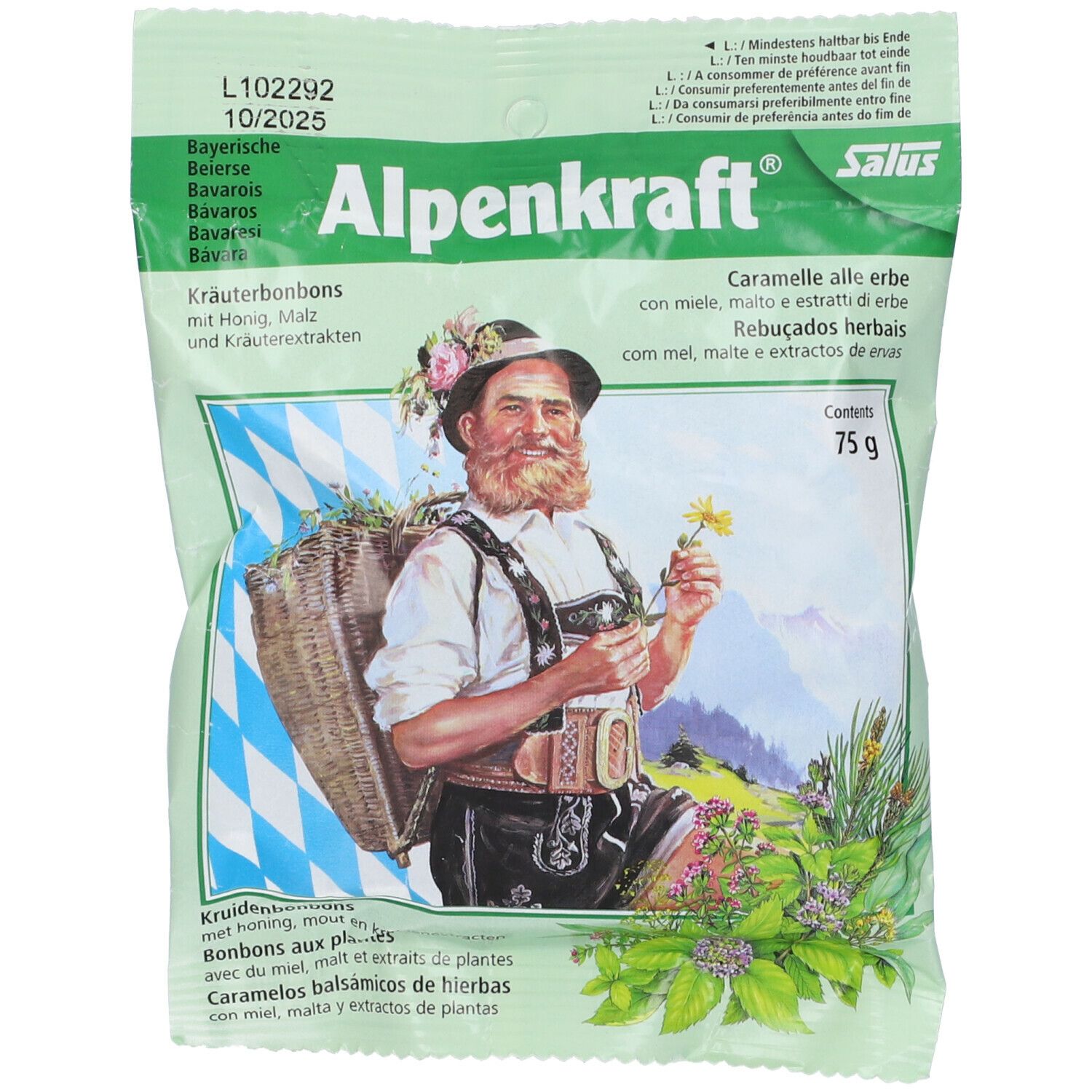Confezione di caramelle alle erbe Alpenkraft. Design verde e bianco con uomo in costume tradizionale. Testo: Alpenkraft, 75 g, data di scadenza.