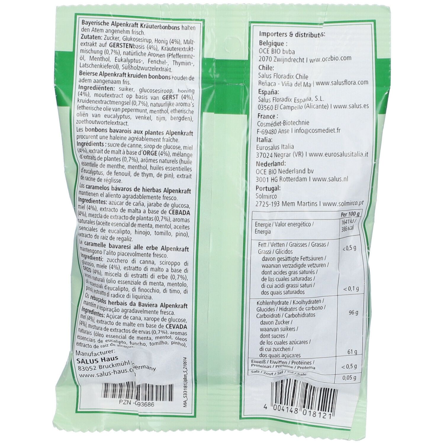 Retro della confezione di caramelle alle erbe Alpenkraft. Verde con testo. Contiene informazioni sugli ingredienti e i valori nutrizionali.