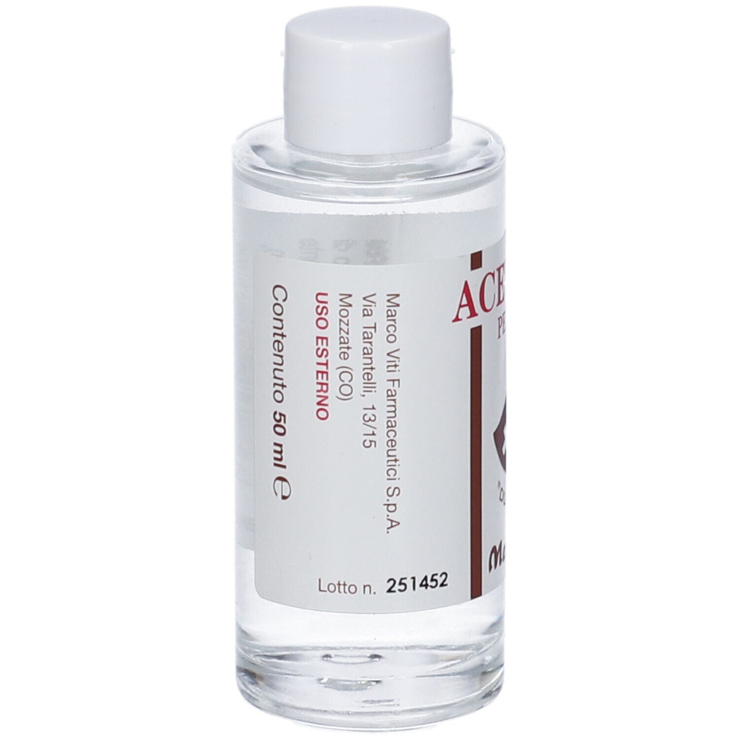 Flacone con ACETONE PER UNGHIE. Testo: Uso esterno, 50 ml. Tappo bianco. Liquido trasparente.