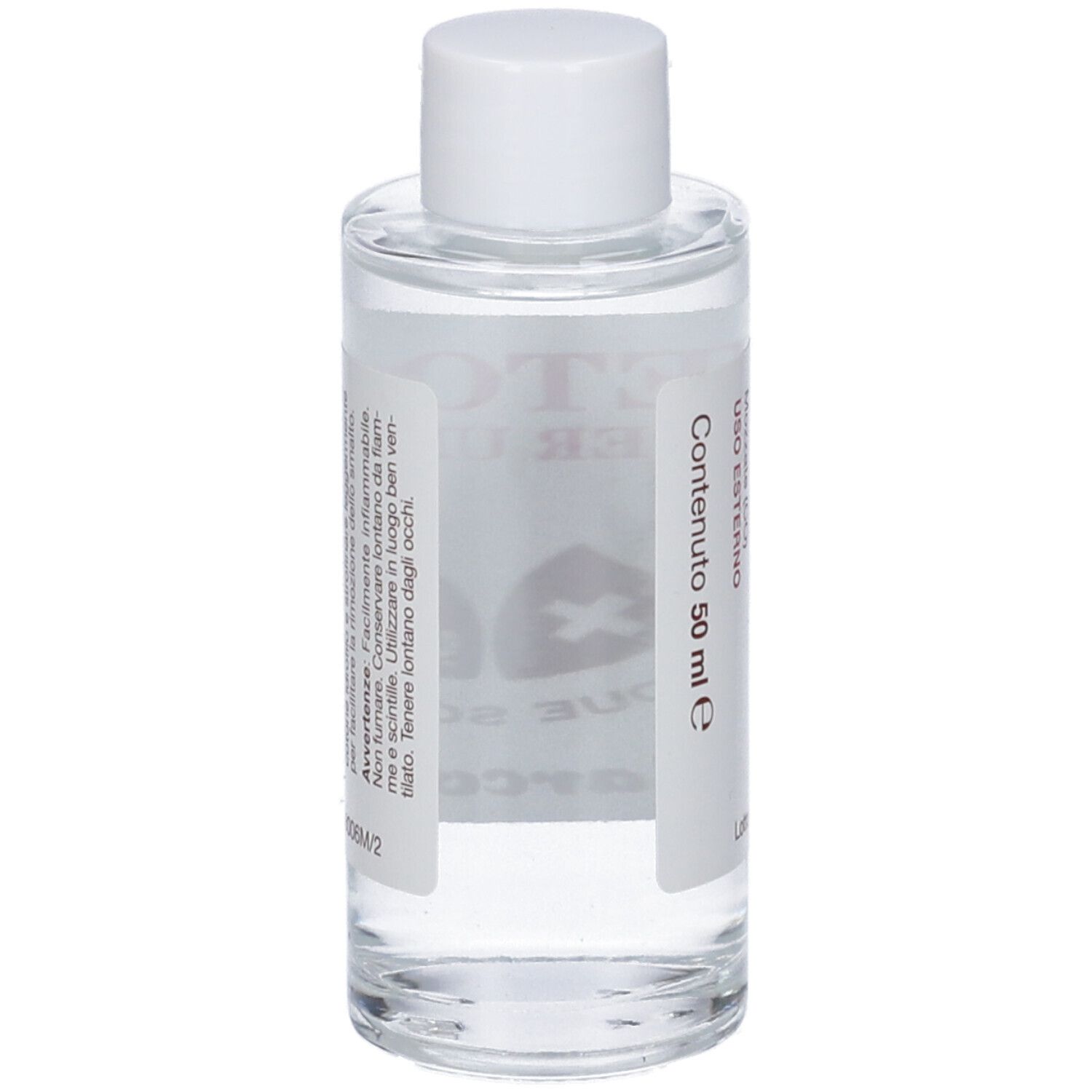 Flacone con ACETONE PER UNGHIE. Testo: Uso esterno, 50 ml. Tappo bianco. Liquido trasparente.