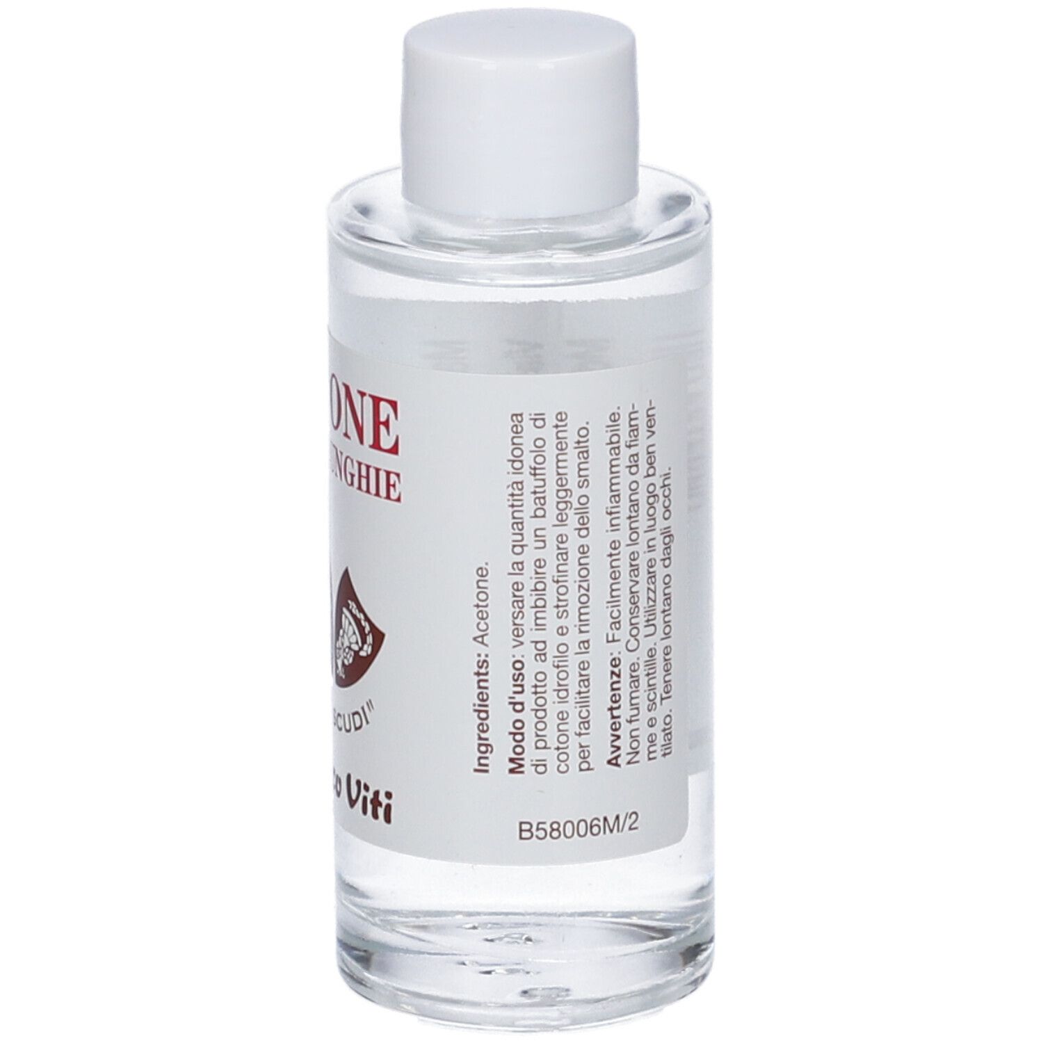 Flacone con ACETONE PER UNGHIE. Testo: Ingredienti, istruzioni per l'uso. Tappo bianco. Liquido trasparente.