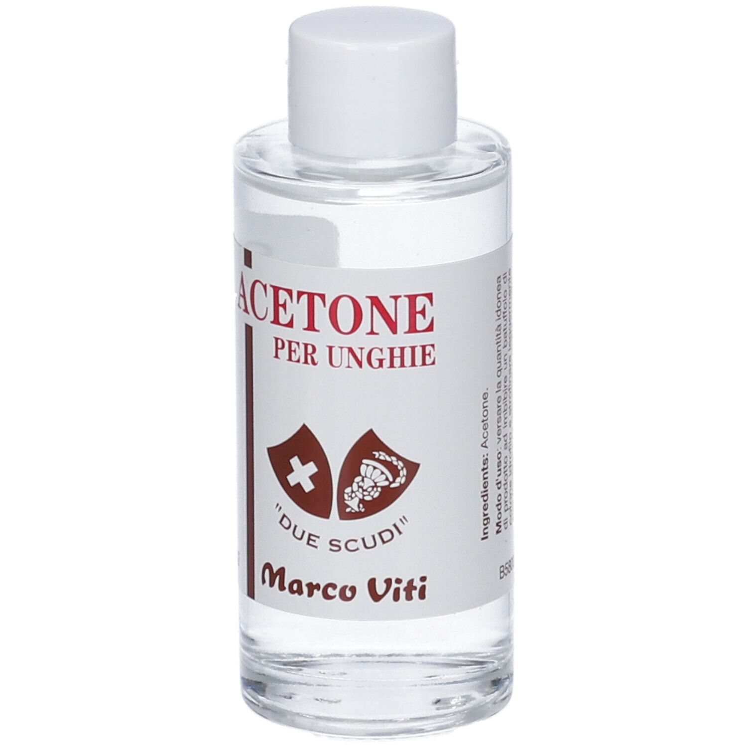 Flacone con ACETONE PER UNGHIE. Marchio DUE SCUDI e Marco Viti. Tappo bianco. Liquido trasparente.