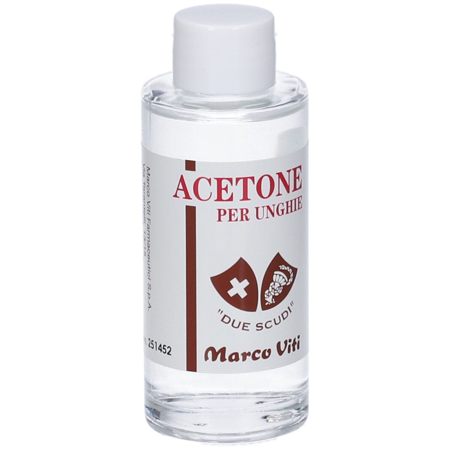 Flacone con ACETONE PER UNGHIE. Marchio DUE SCUDI e Marco Viti. Tappo bianco. Liquido trasparente.