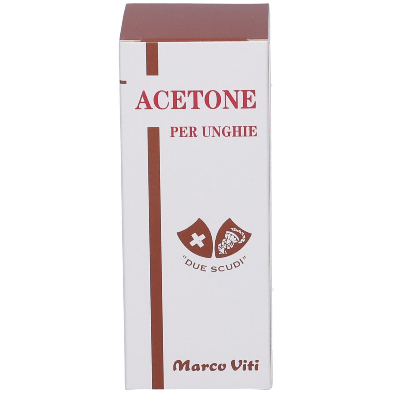 Scatola con ACETONE PER UNGHIE. Marchio DUE SCUDI e Marco Viti. Confezione marrone e bianca.