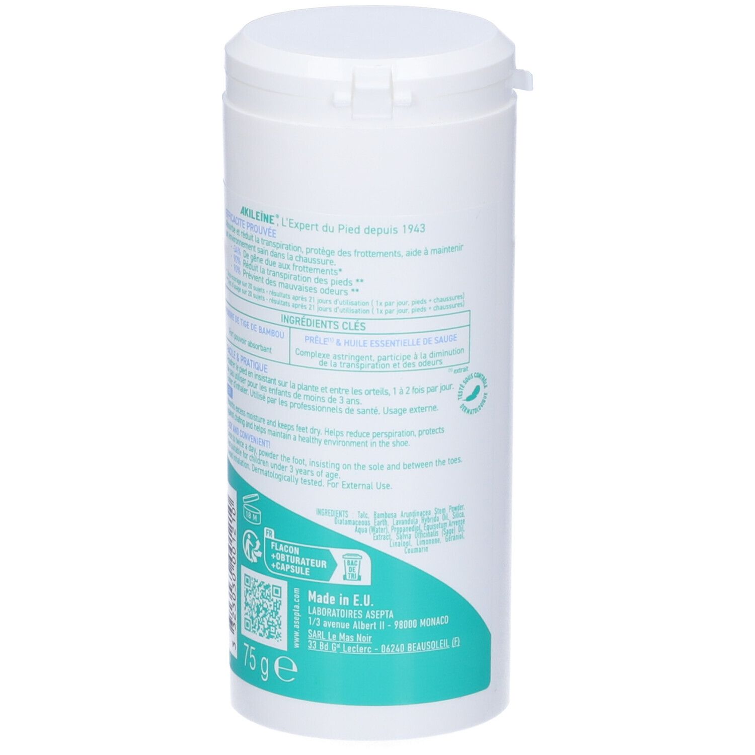 Contenitore cilindrico bianco con etichetta turchese. Testo e codice QR. Contenuto: 75 g. Logo ASEPTA. Prodotto in UE.
