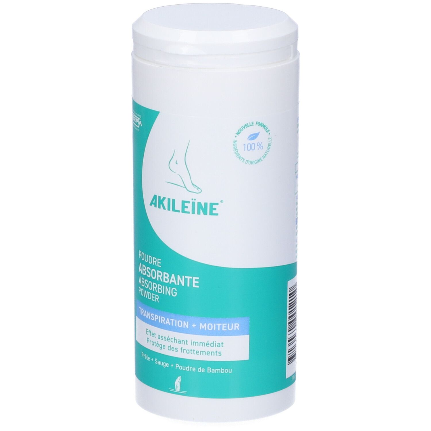 Contenitore cilindrico bianco con etichetta turchese. Nome prodotto e illustrazione piede. Testo: Poudre Absorbante. 100% naturale.