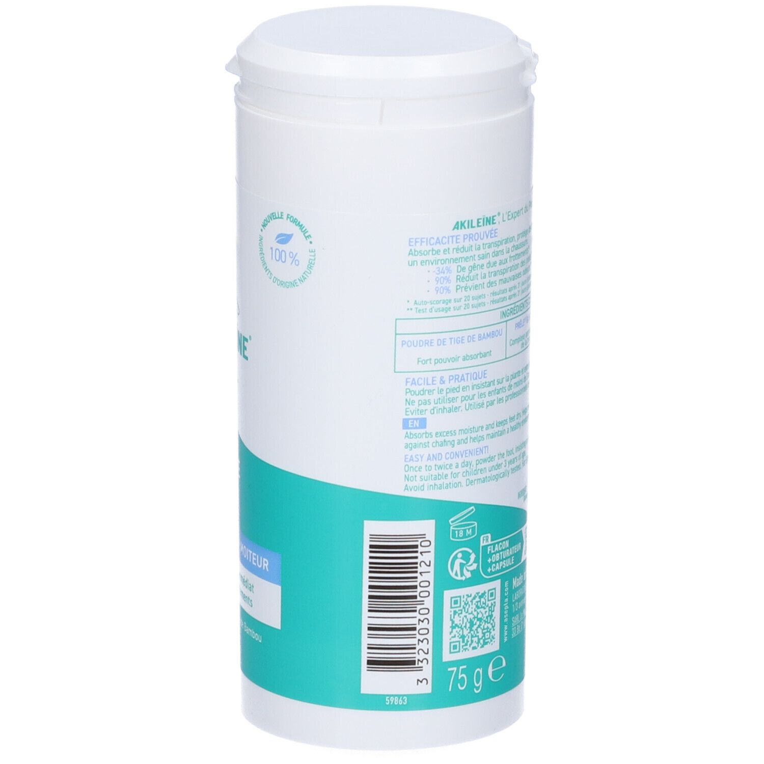 Contenitore cilindrico bianco con etichetta turchese. Testo e codice QR. Contenuto: 75 g. Logo ASEPTA. 100% naturale.