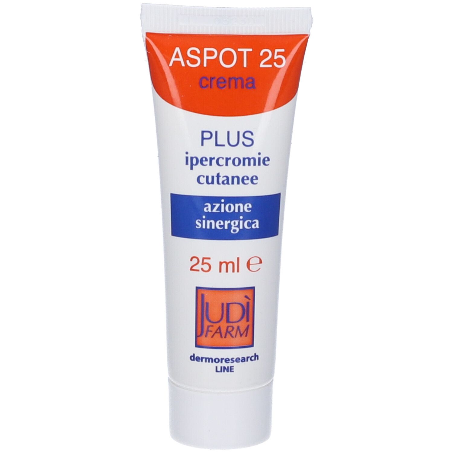 Tubo di crema Aspot 25. Bianco con tappo arancione. Nome del prodotto, volume e marchio ben visibili.