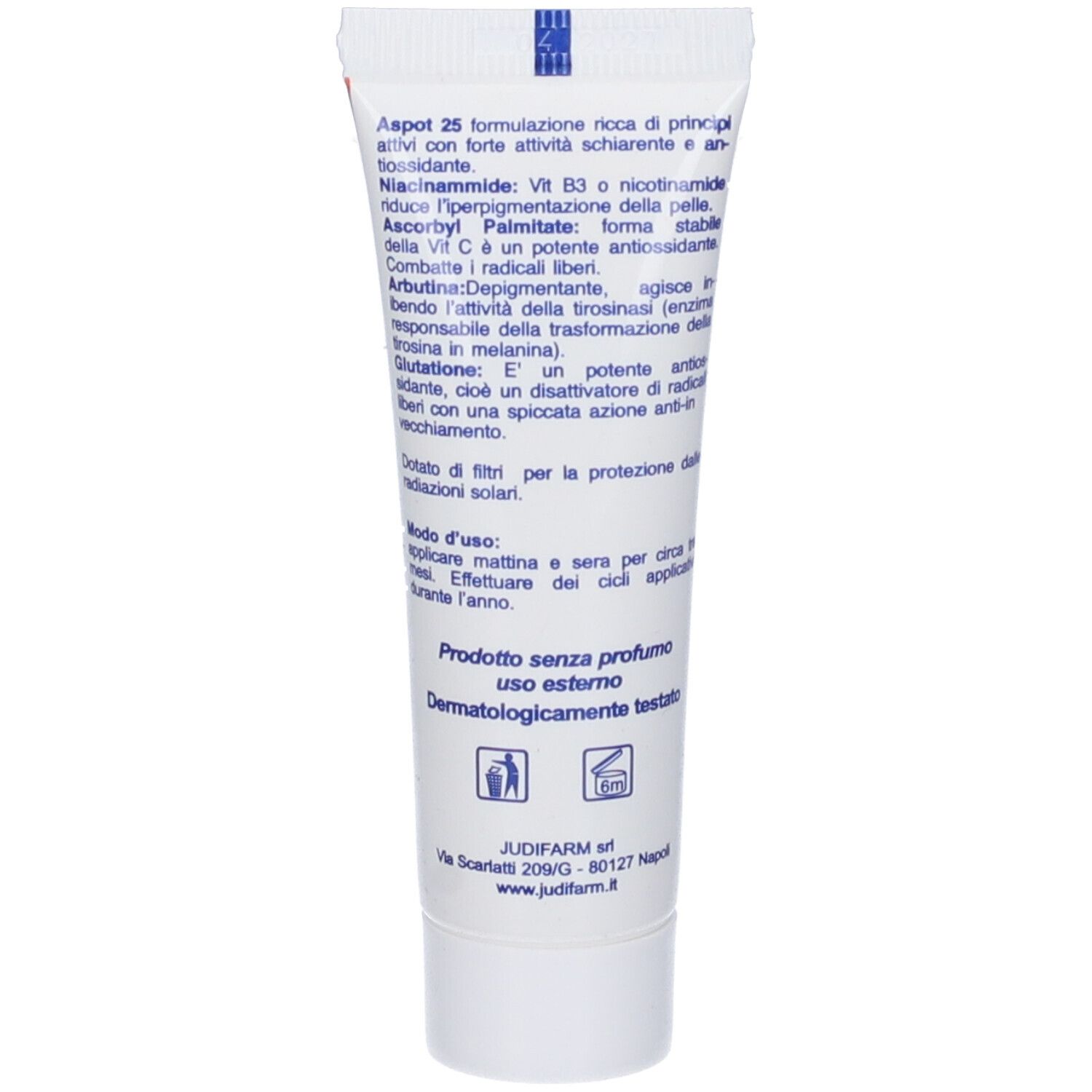 Retro del tubo Aspot 25. Testo con ingredienti e istruzioni per l'uso. Sfondo bianco.