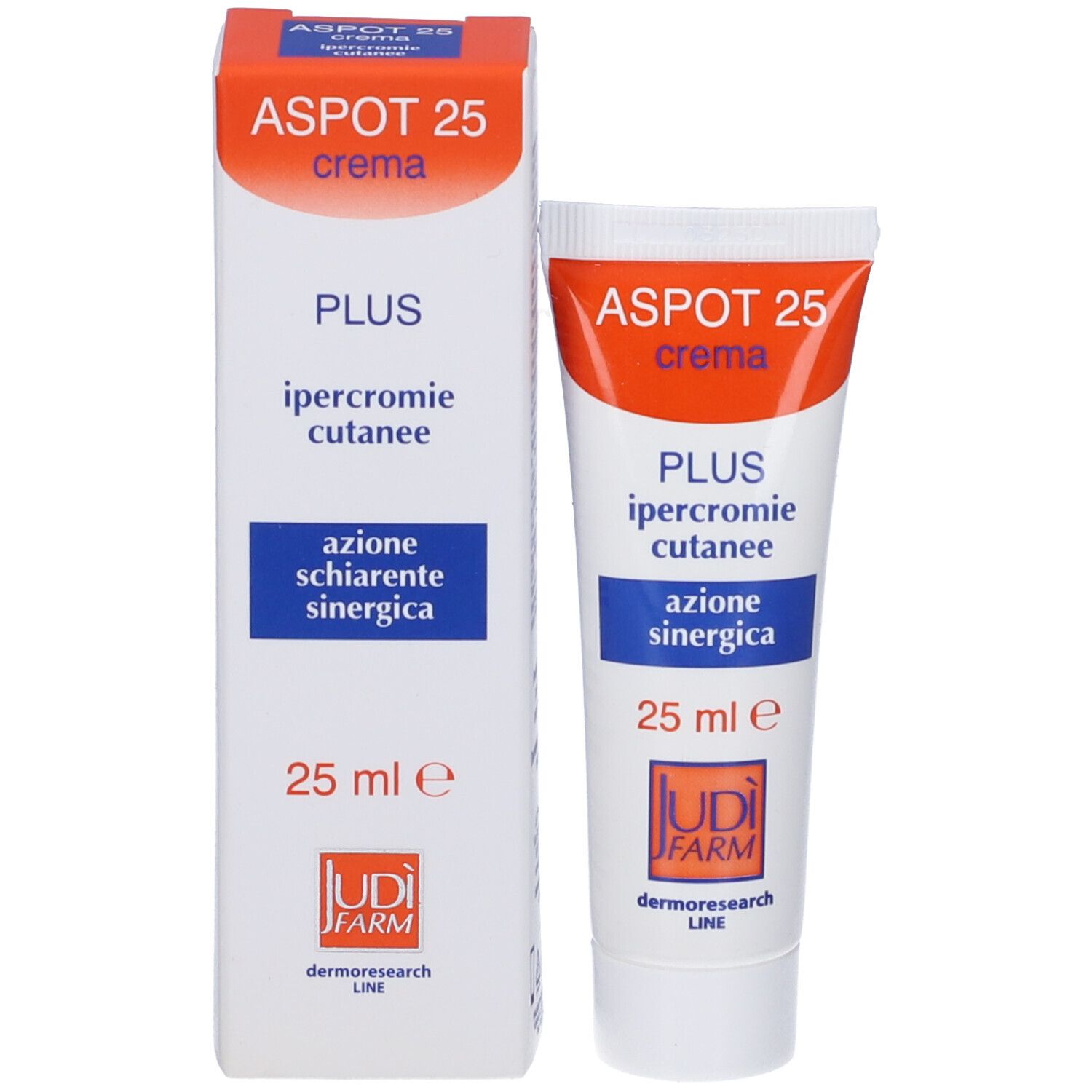 Tubo e astuccio Aspot 25 Crema. Arancione e bianco. Nome, volume e marchio ben visibili.