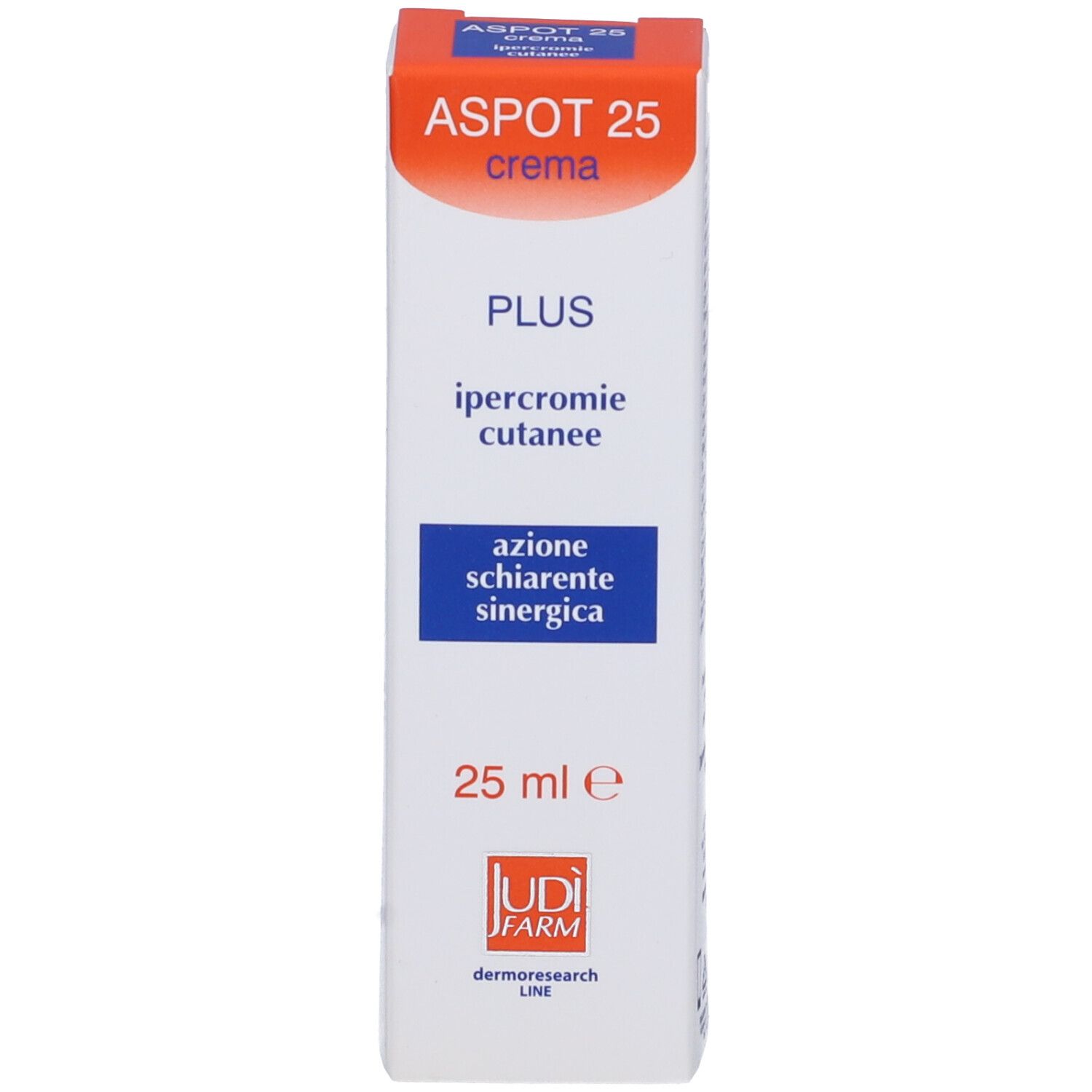 Astuccio Aspot 25 Crema. Arancione e bianco. Nome, volume e marchio ben visibili.