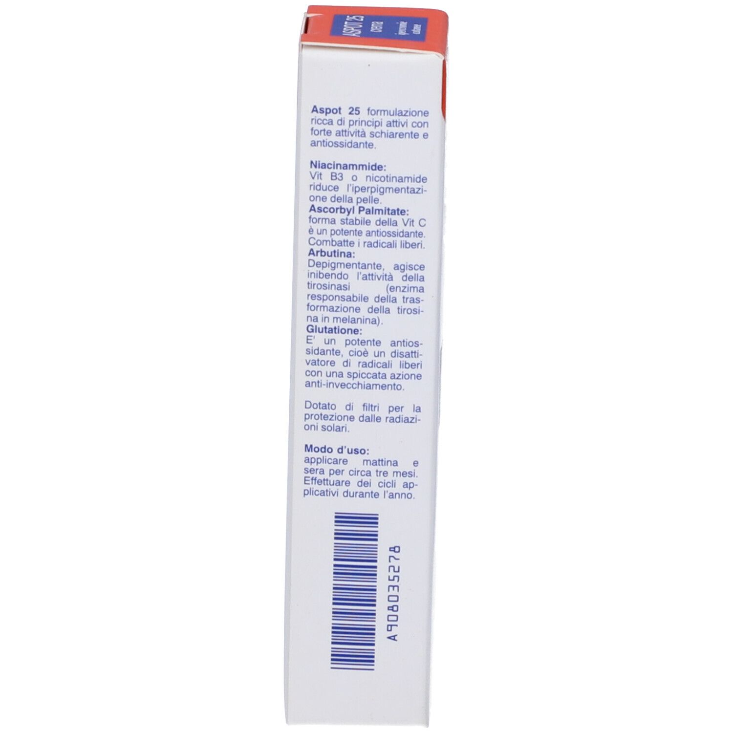 Lato dell'astuccio Aspot 25. Testo con ingredienti e istruzioni. Sfondo bianco.