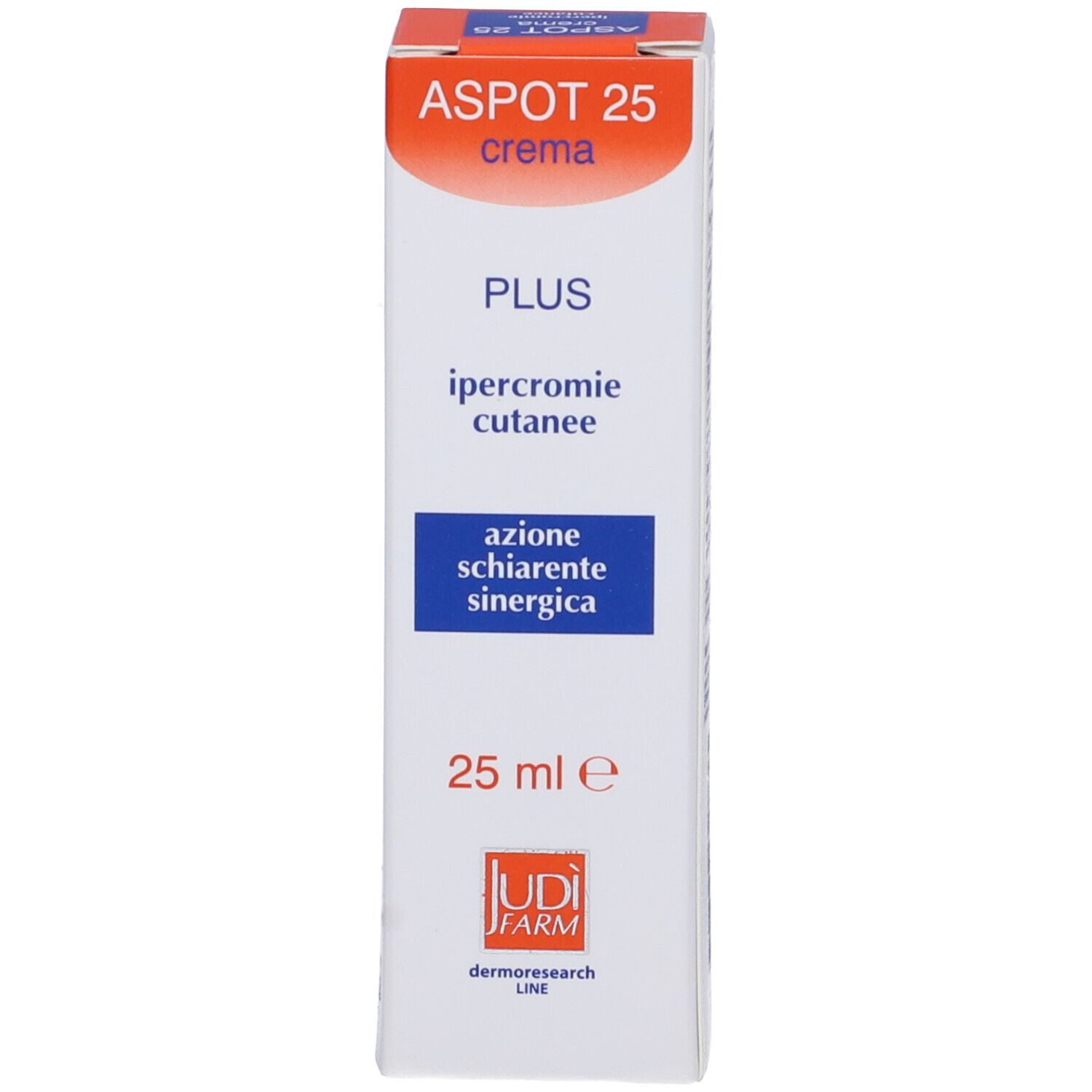 Astuccio Aspot 25 Crema. Arancione e bianco. Nome, volume e marchio ben visibili.