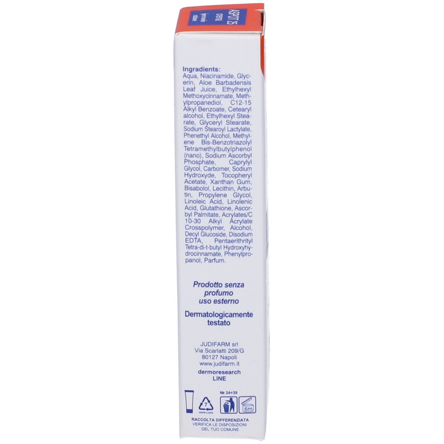 Lato dell'astuccio Aspot 25. Testo con ingredienti e istruzioni. Sfondo bianco.