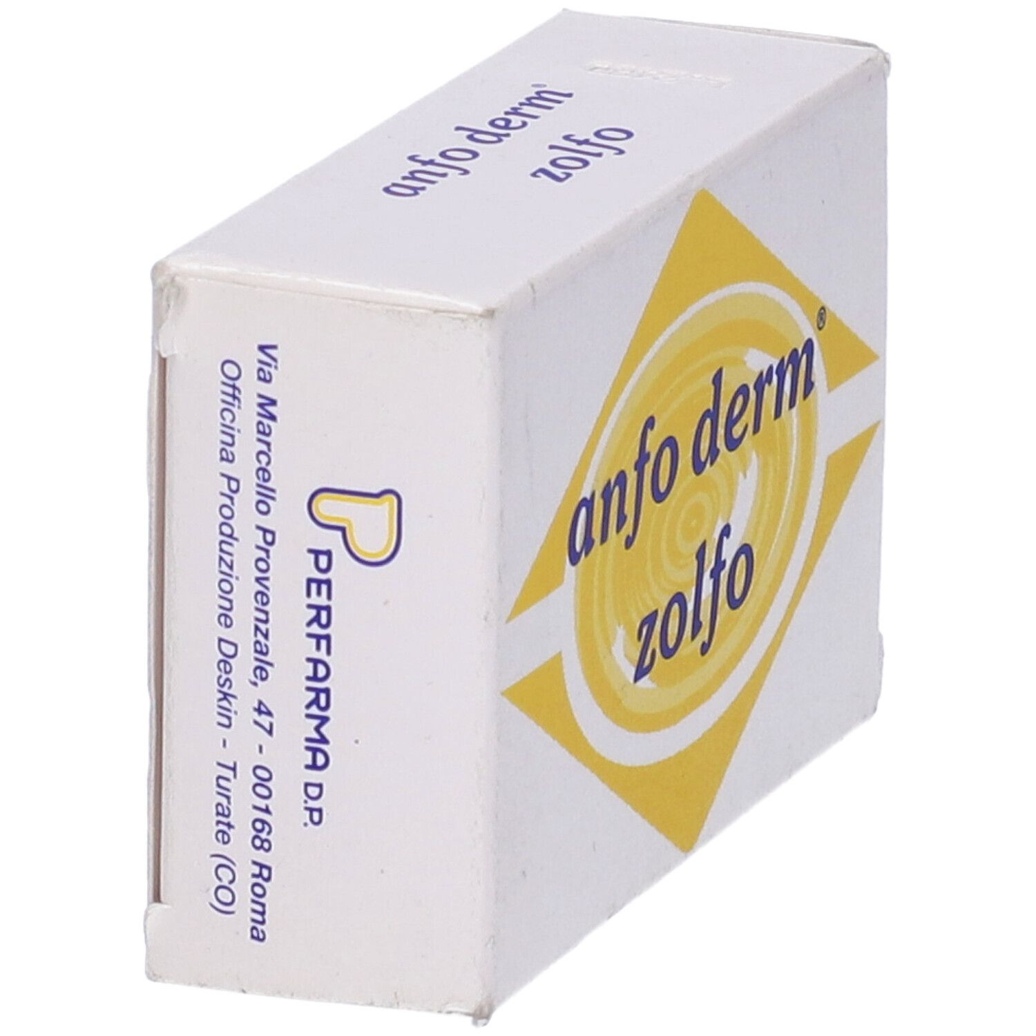 Scatola bianca con design a diamante giallo e nome del prodotto. Logo Performa.