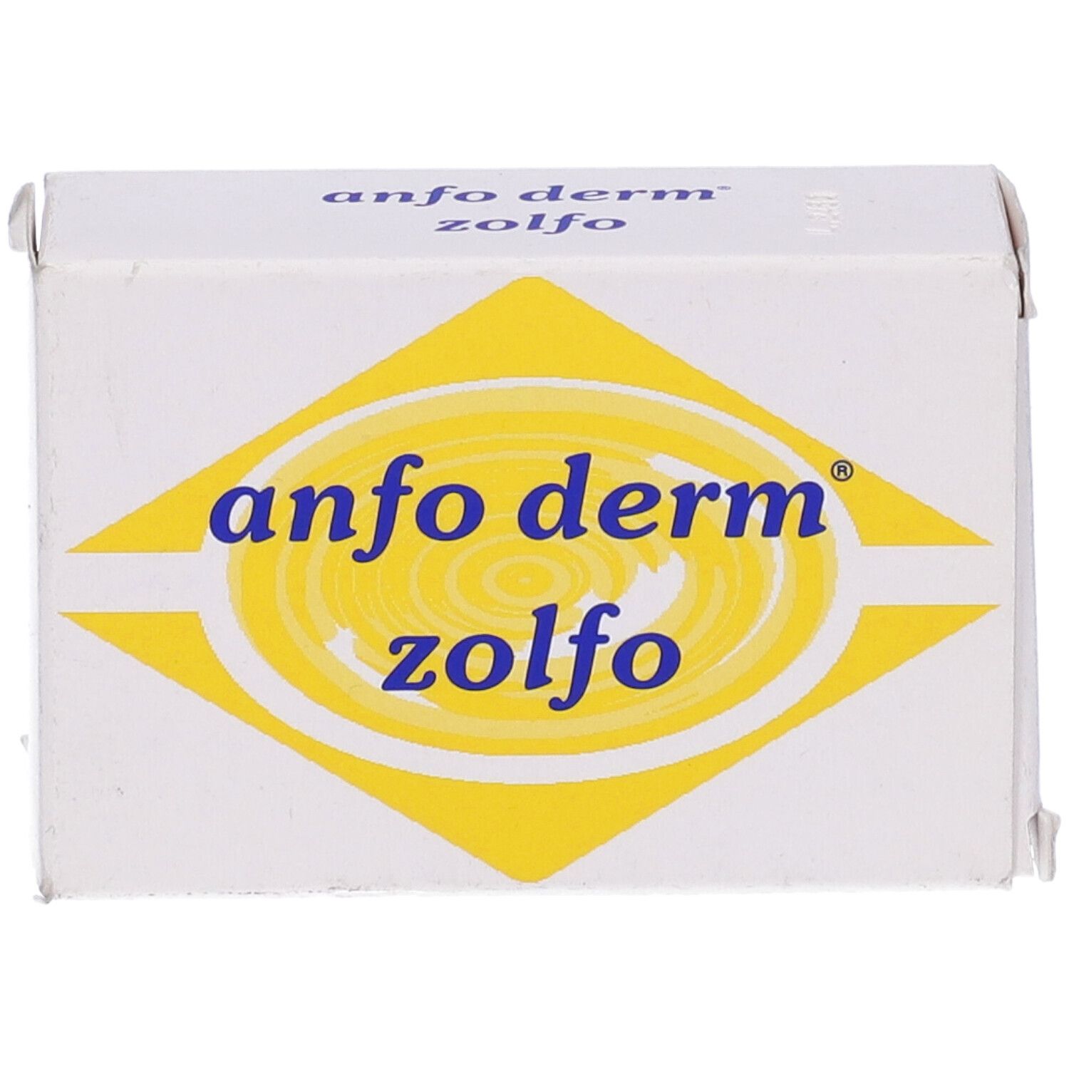 Scatola bianca con design a diamante giallo e nome del prodotto. Testo: anfo derm zolfo.