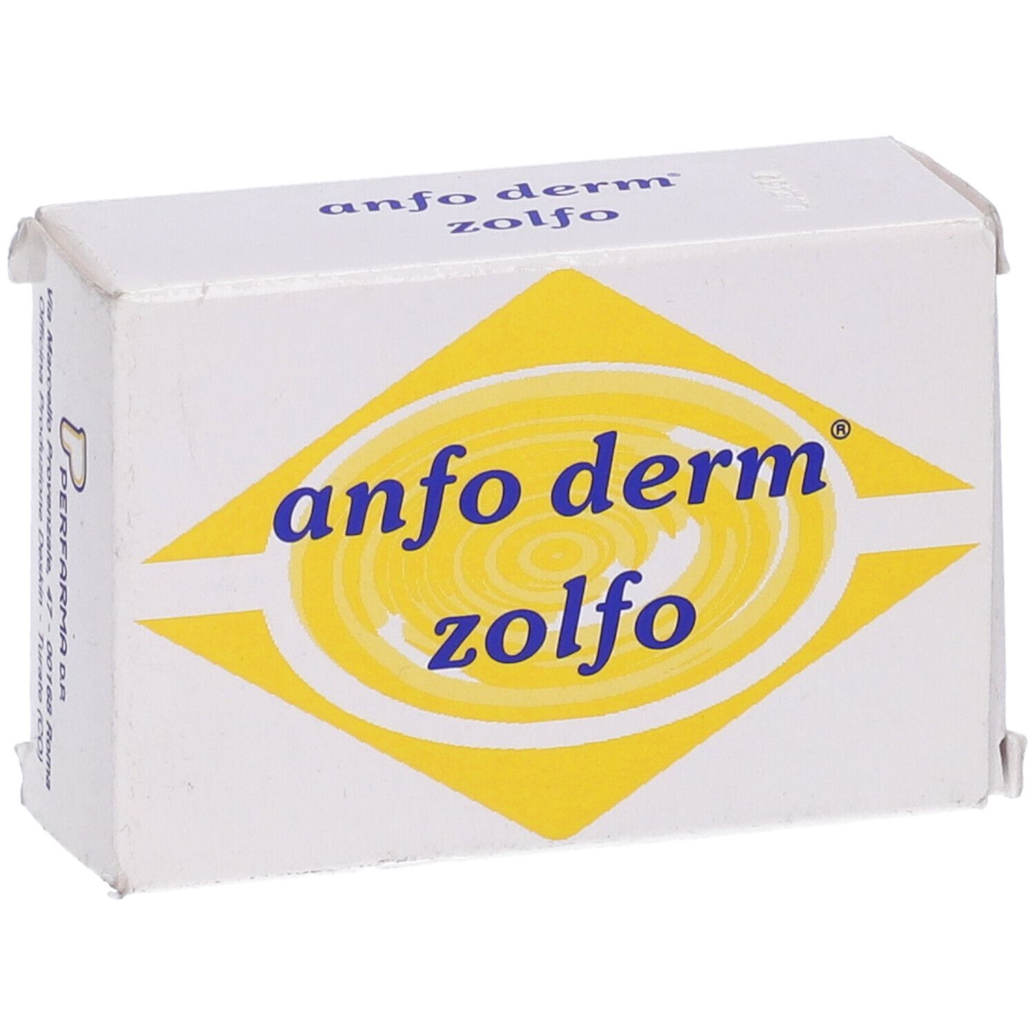 Scatola bianca con design a diamante giallo e nome del prodotto. Logo Performa.