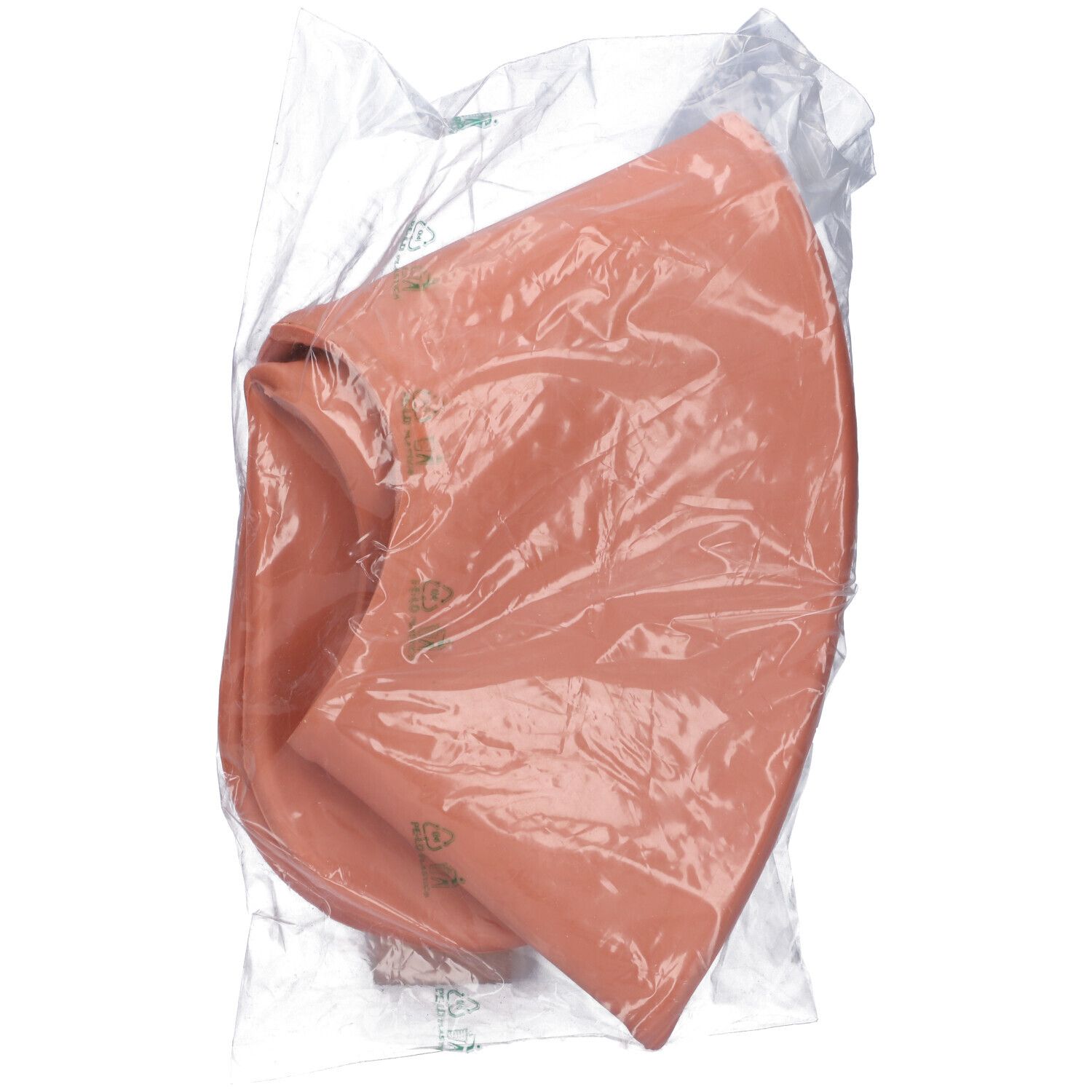 Cuscino antidecubito a forma di ferro di cavallo, rosso, in confezione di plastica. Prodotto parzialmente piegato.