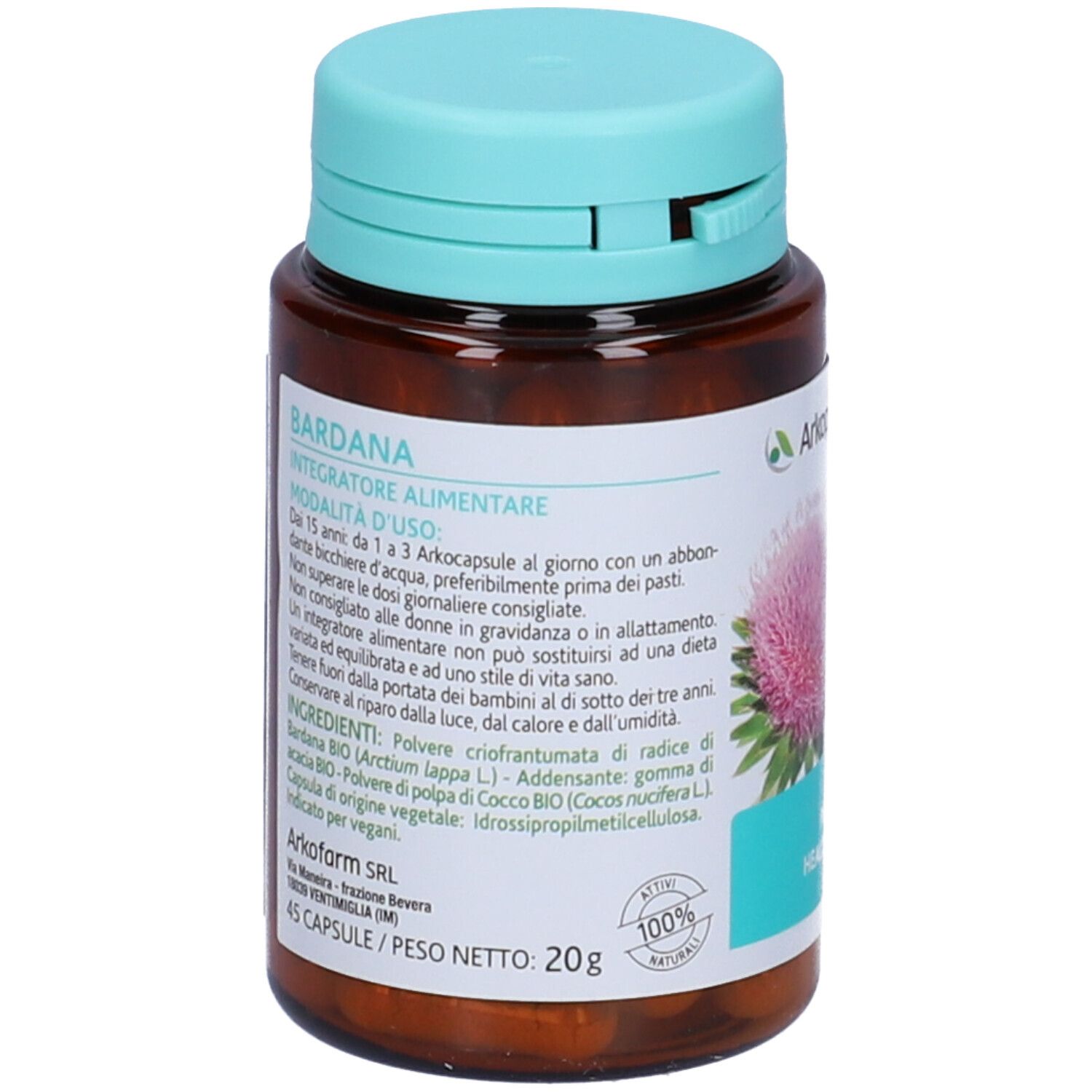 Flacone marrone con tappo blu. Etichetta con nome prodotto BARDANA, ingredienti e istruzioni. 45 capsule.