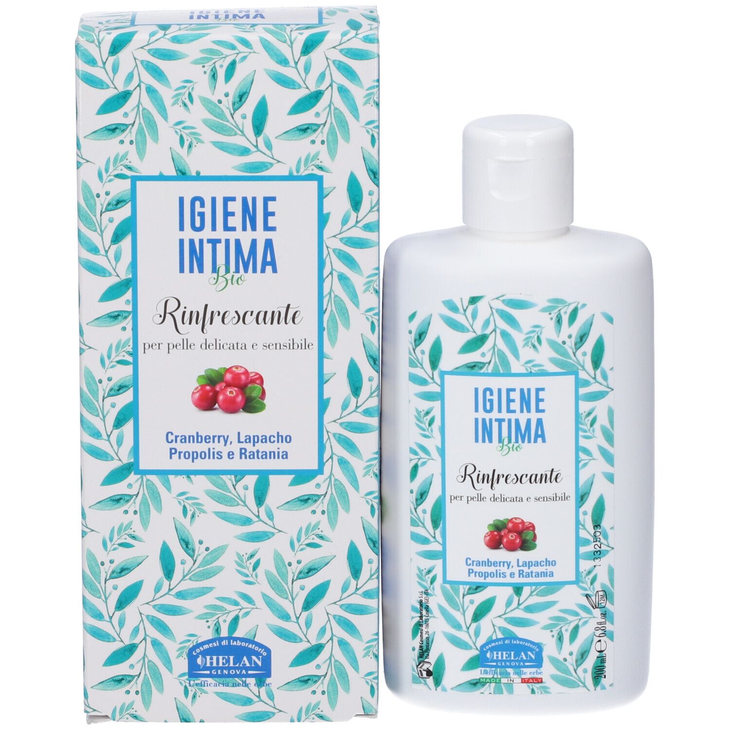 Flacone e confezione del prodotto. Flacone: Igiene Intima Bio Rinfrescante. Confezione: stessa scritta. Con Cranberry, Lapacho, Propolis e Ratania. Marchio Helan.