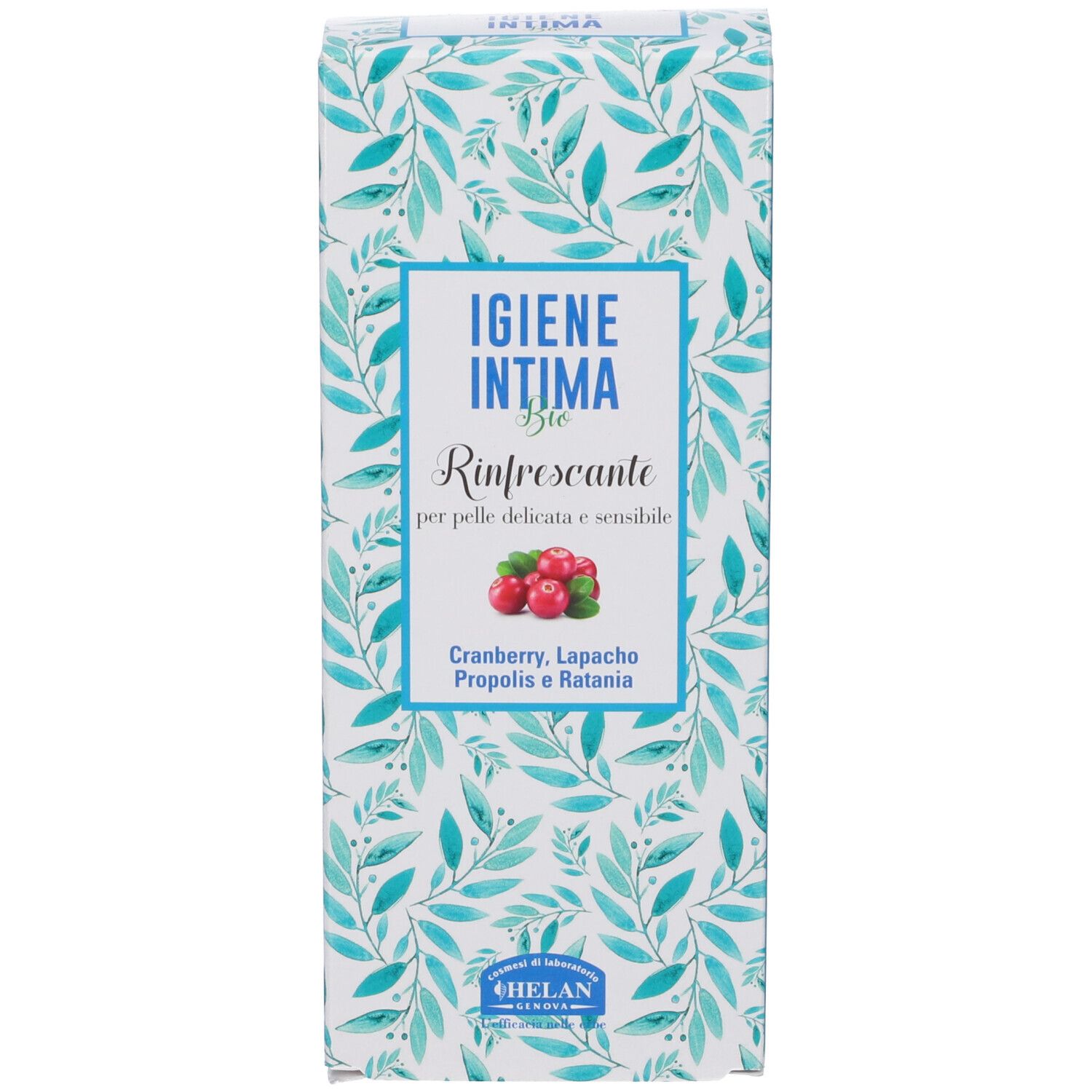 Confezione con scritta: Igiene Intima Bio Rinfrescante. Con Cranberry, Lapacho, Propolis e Ratania. Marchio Helan.