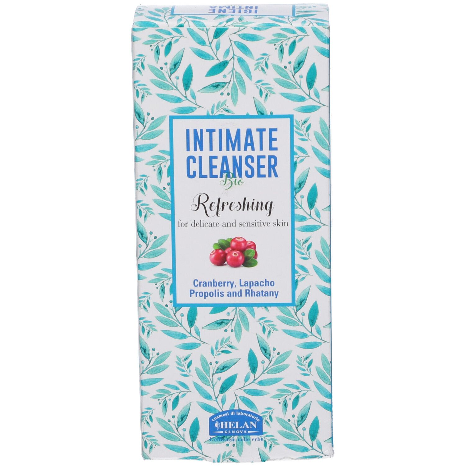 Confezione con scritta: Intimate Cleanser Bio Refreshing. Con Cranberry, Lapacho, Propolis e Rhatany. Marchio Helan.