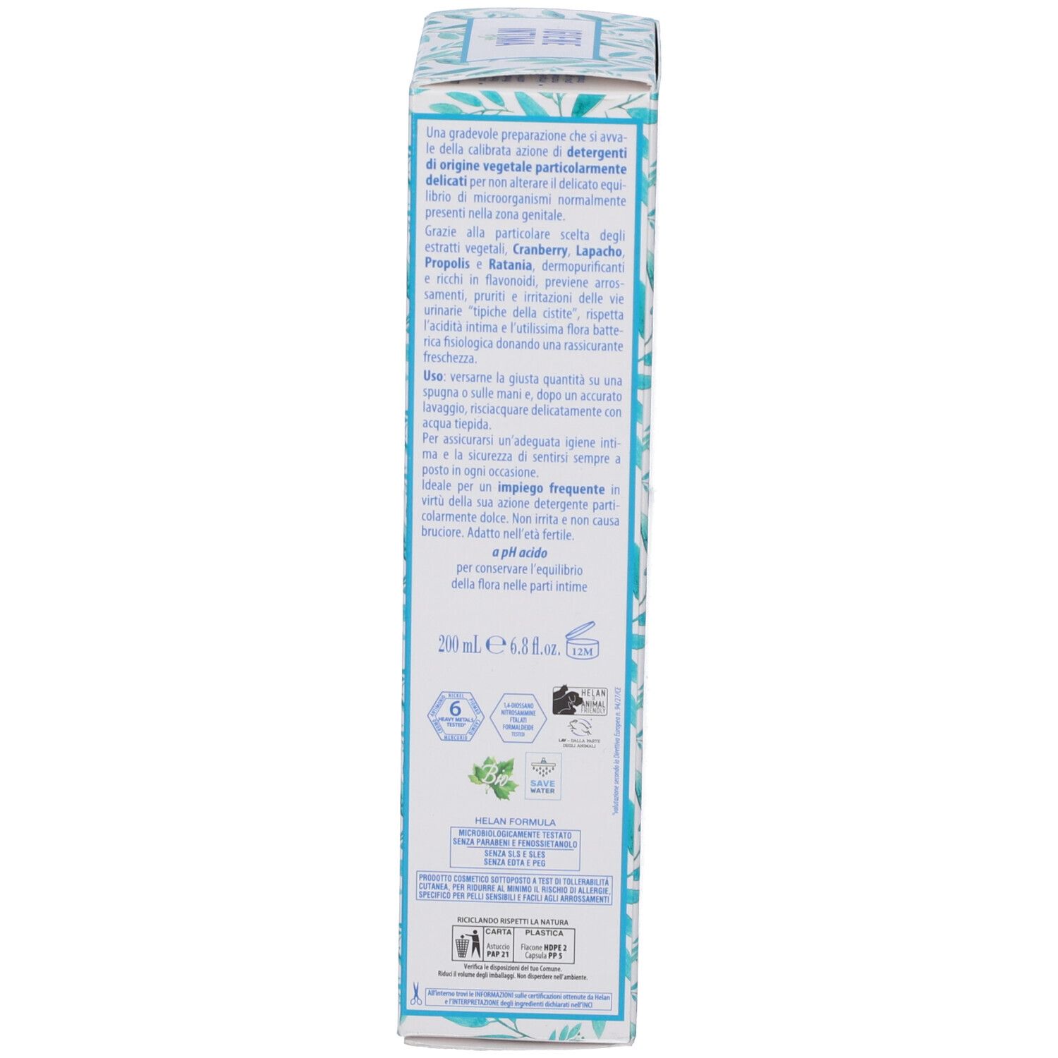 Retro della confezione con testo. Informazioni sul prodotto, ingredienti, istruzioni per l'uso. Marchio Helan.