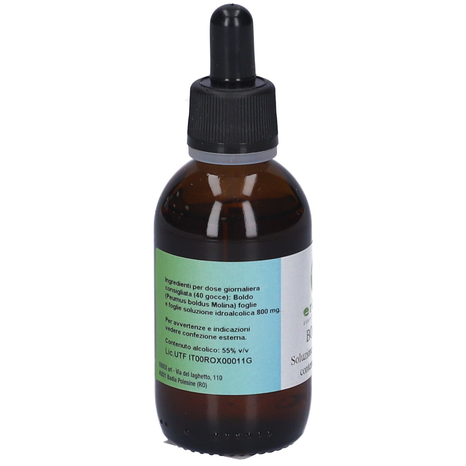 Flacone di vetro marrone con tappo nero e contagocce. Etichetta con ingredienti e informazioni.