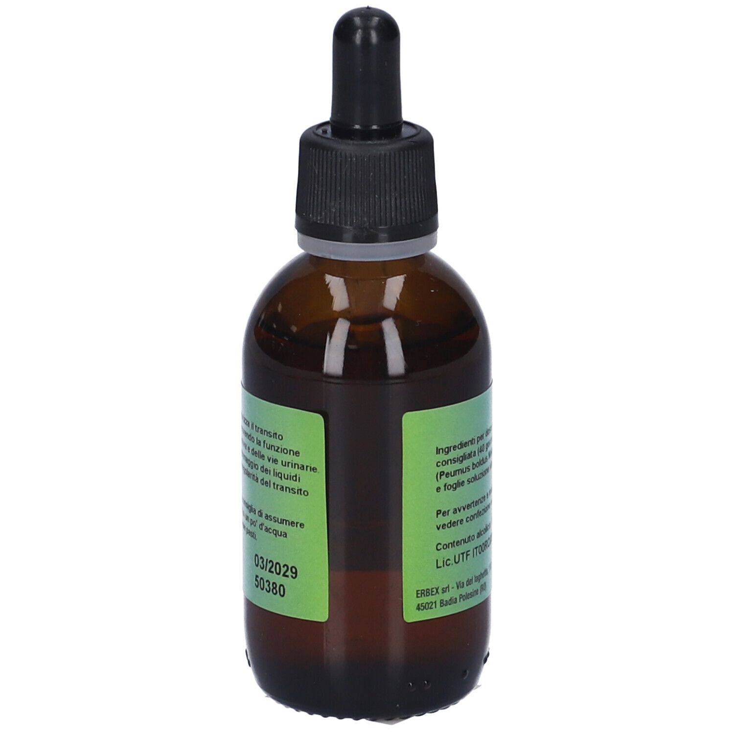 Flacone di vetro marrone con tappo nero e contagocce. Etichetta con informazioni e scadenza.